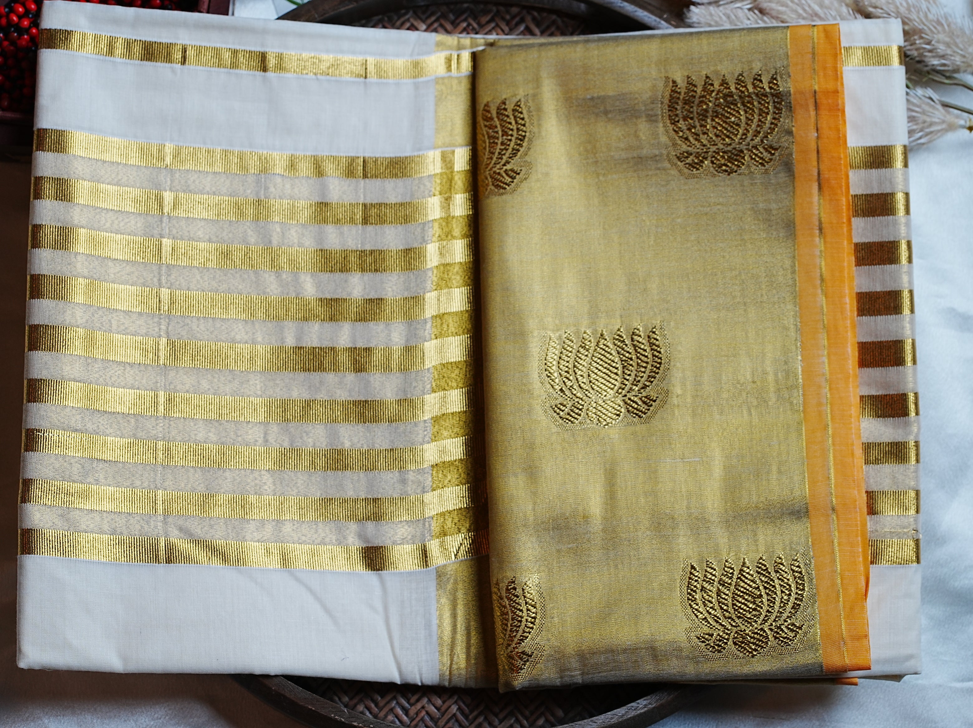 🪷 Premium Cotton Striped & Lotus Motif Kerala Saree with Golden Kasavu ✨ - SAROYA