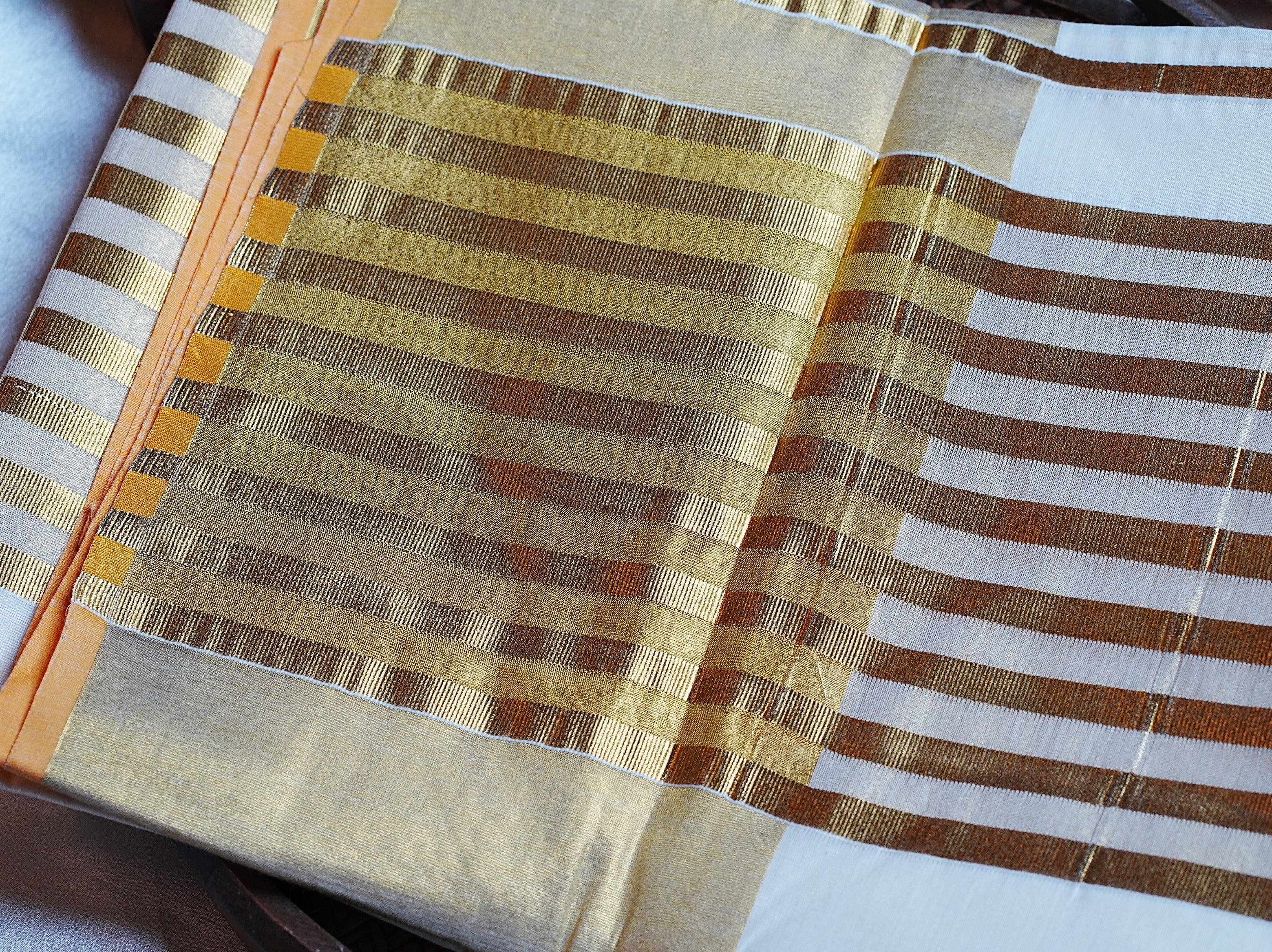 🪷 Premium Cotton Striped & Lotus Motif Kerala Saree with Golden Kasavu ✨ - SAROYA