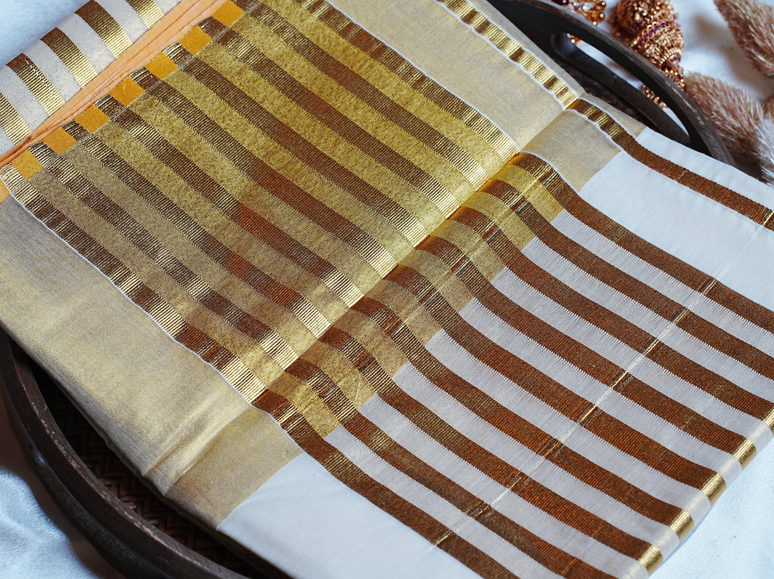 🪷 Premium Cotton Striped & Lotus Motif Kerala Saree with Golden Kasavu ✨ - SAROYA