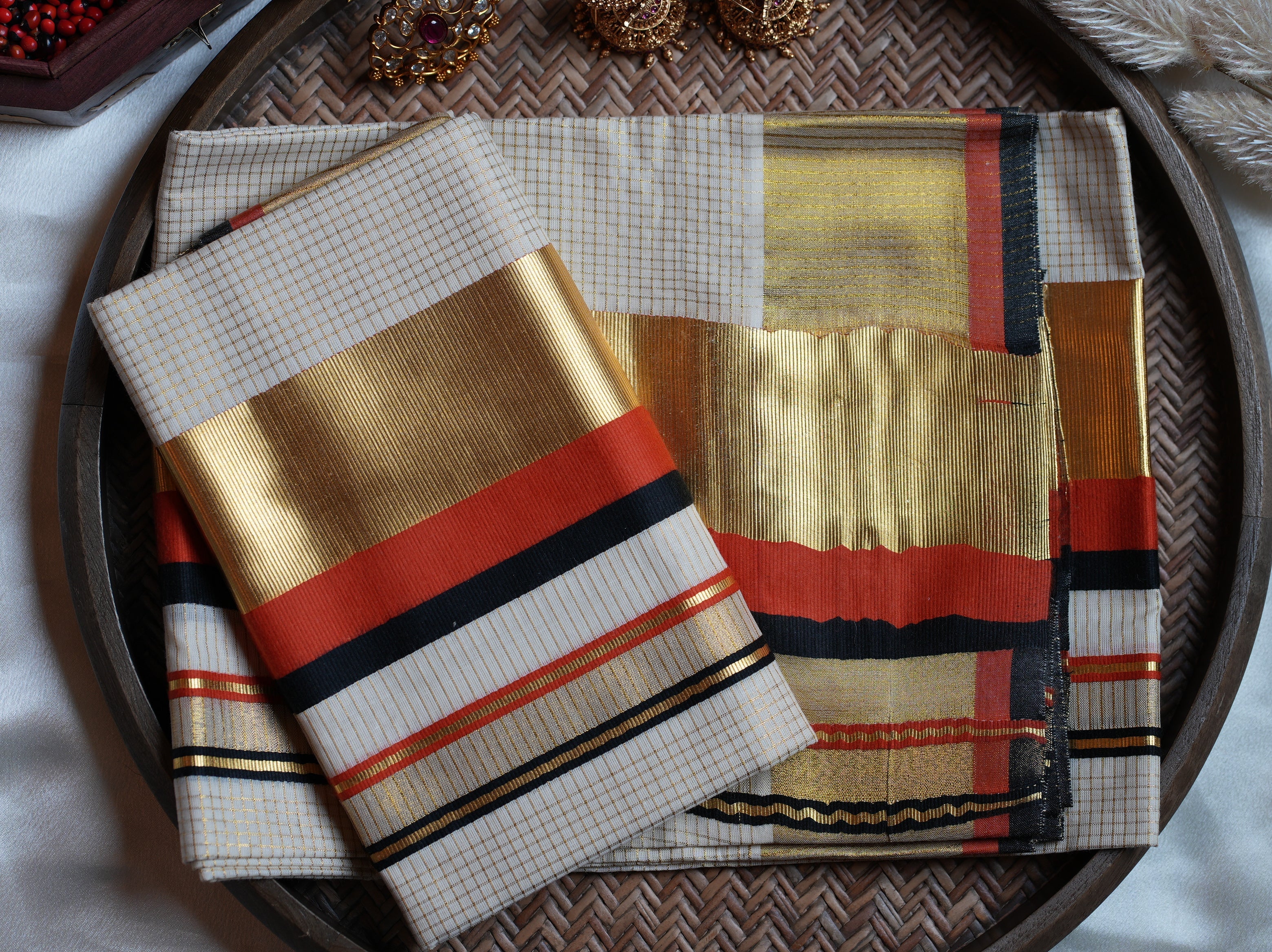 Premium Kerala Single Set Mundu with Brick Red and Multi-Color Borders - SAROYA