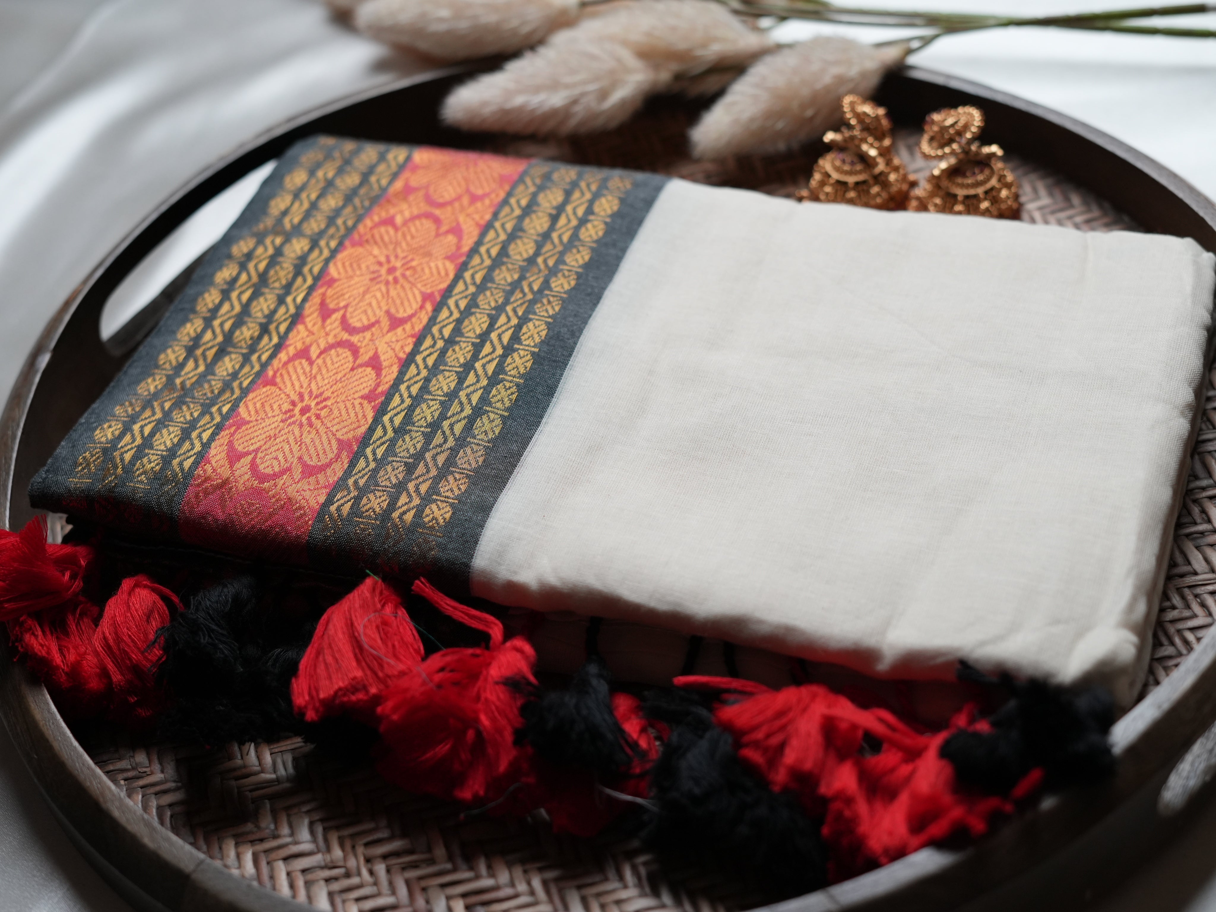 Premium Mulcotton Saree — Charcoal Black & Crimson Red Brocade Edition 🖤 - SAROYA