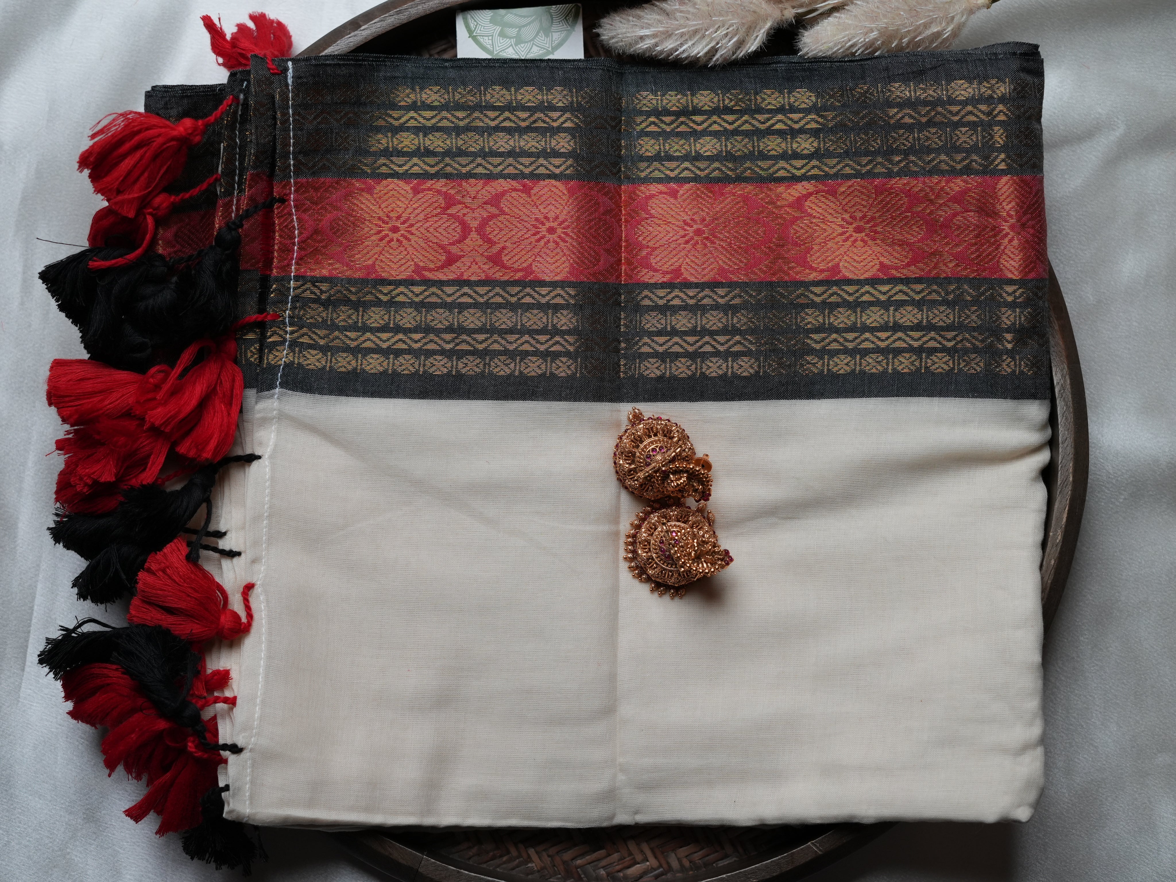 Premium Mulcotton Saree — Charcoal Black & Crimson Red Brocade Edition 🖤 - SAROYA