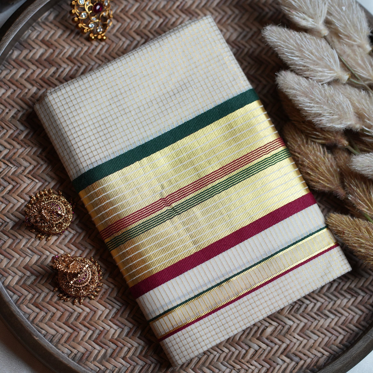 💚 Premium Off-White Kerala Cotton Single Set Mundu with Bottle Green, Maroon & Handloom-Grade Kasavu Borders ✨🌾 - SAROYA