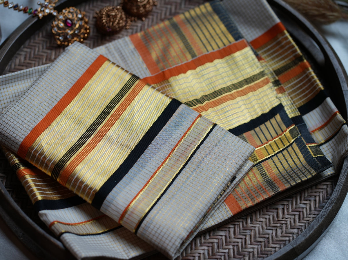 🍊 Premium Off-White Kerala Cotton Single Set Mundu with Orange, Black & Handloom-Grade Kasavu Borders ✨🌾 - SAROYA