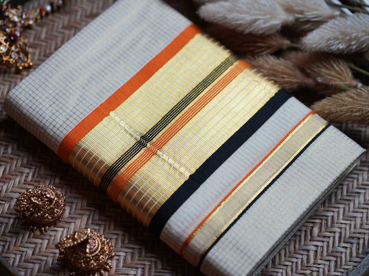 🍊 Premium Off-White Kerala Cotton Single Set Mundu with Orange, Black & Handloom-Grade Kasavu Borders ✨🌾 - SAROYA