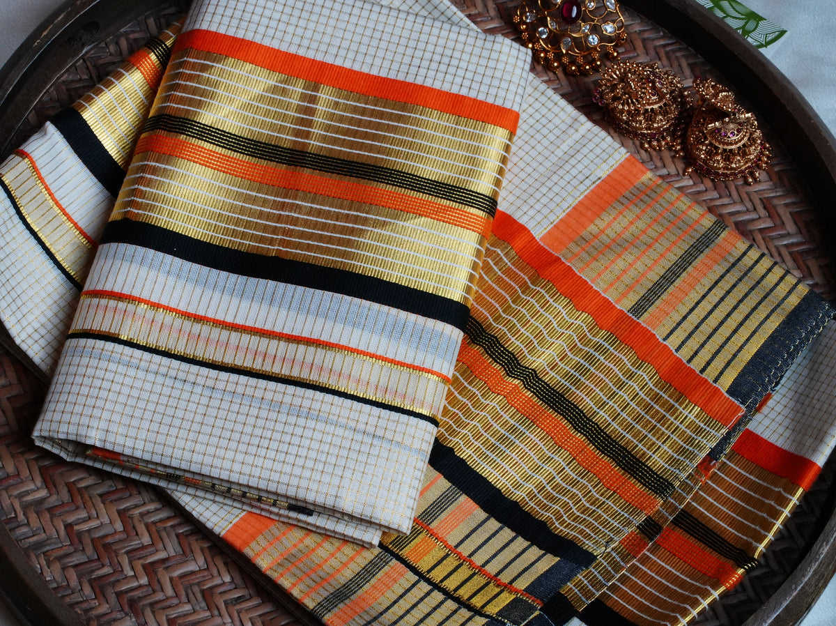 🍊 Premium Off-White Kerala Cotton Single Set Mundu with Orange, Black & Handloom-Grade Kasavu Borders ✨🌾 - SAROYA