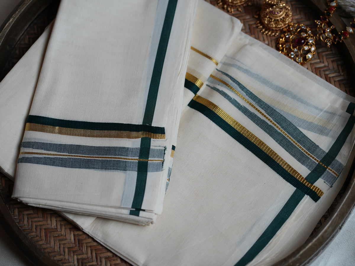 Premium Puliyilakkara Chutti Kerala Single Set Mundu with Deep Forest Green & Gold Accents - SAROYA