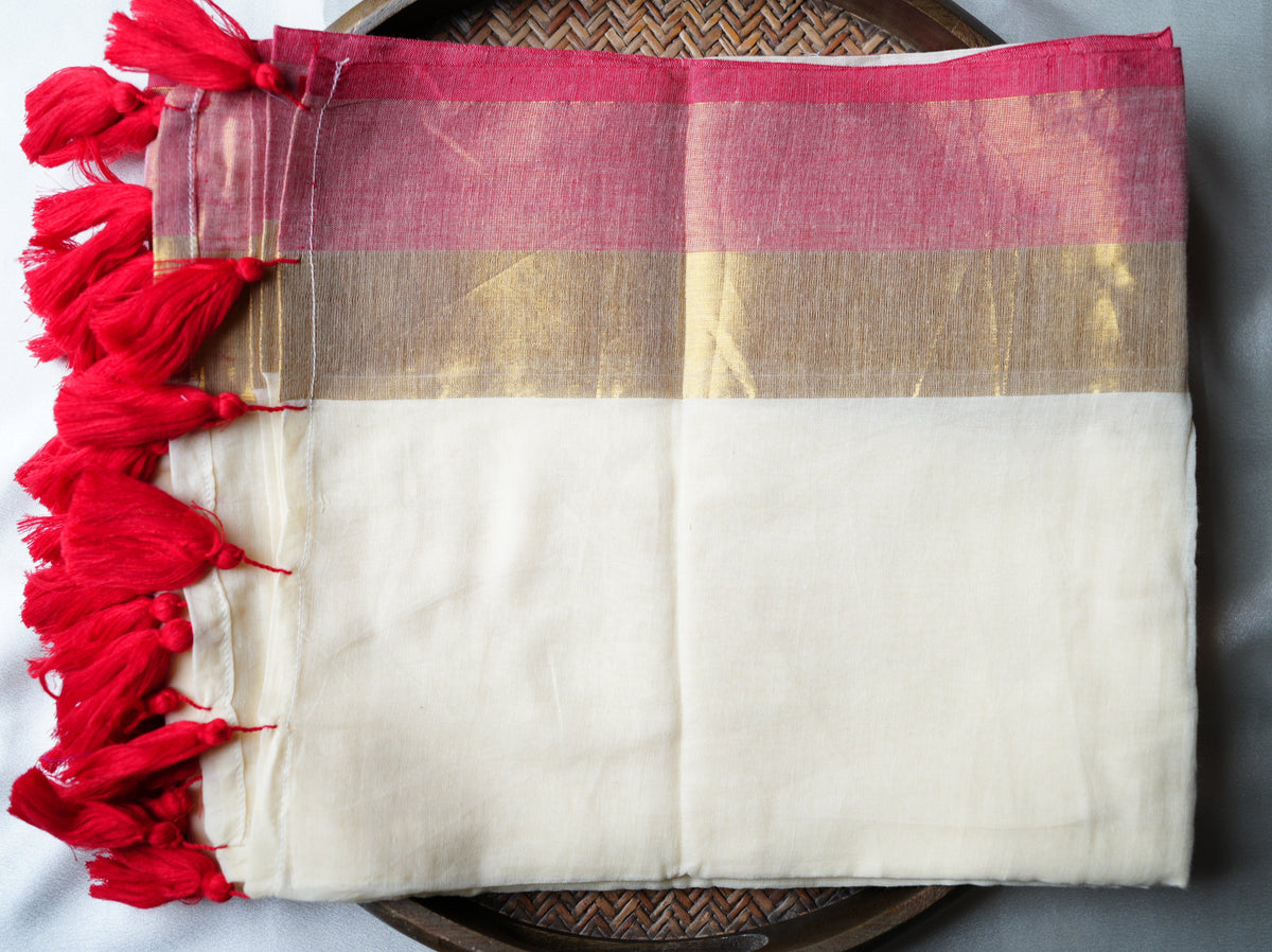 🤍 Pristine Ivory Pure Mul Cotton Saree with Crimson Red & Gold Zari Border ✨❤️ - SAROYA