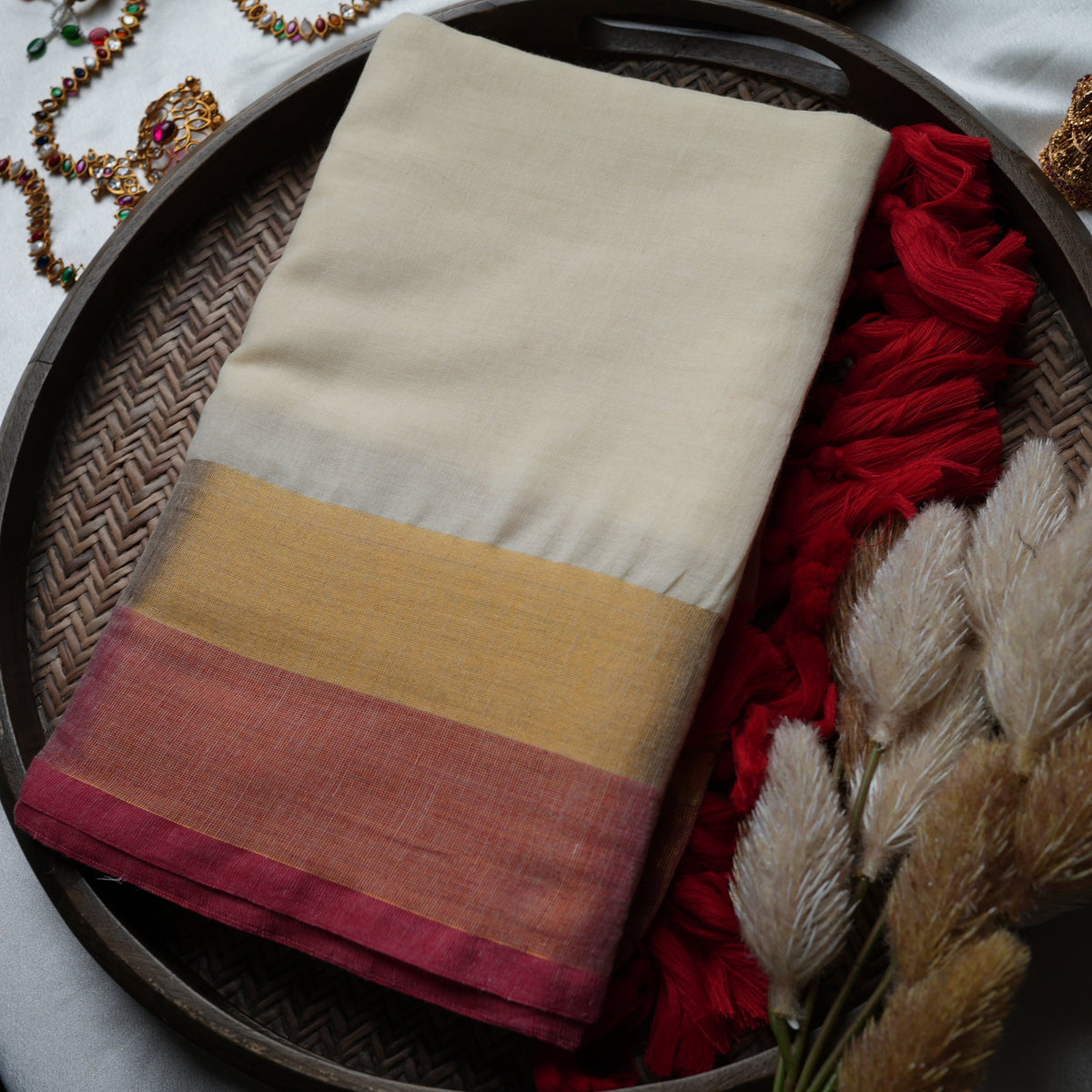 🤍 Pristine Ivory Pure Mul Cotton Saree with Crimson Red & Gold Zari Border ✨❤️ - SAROYA