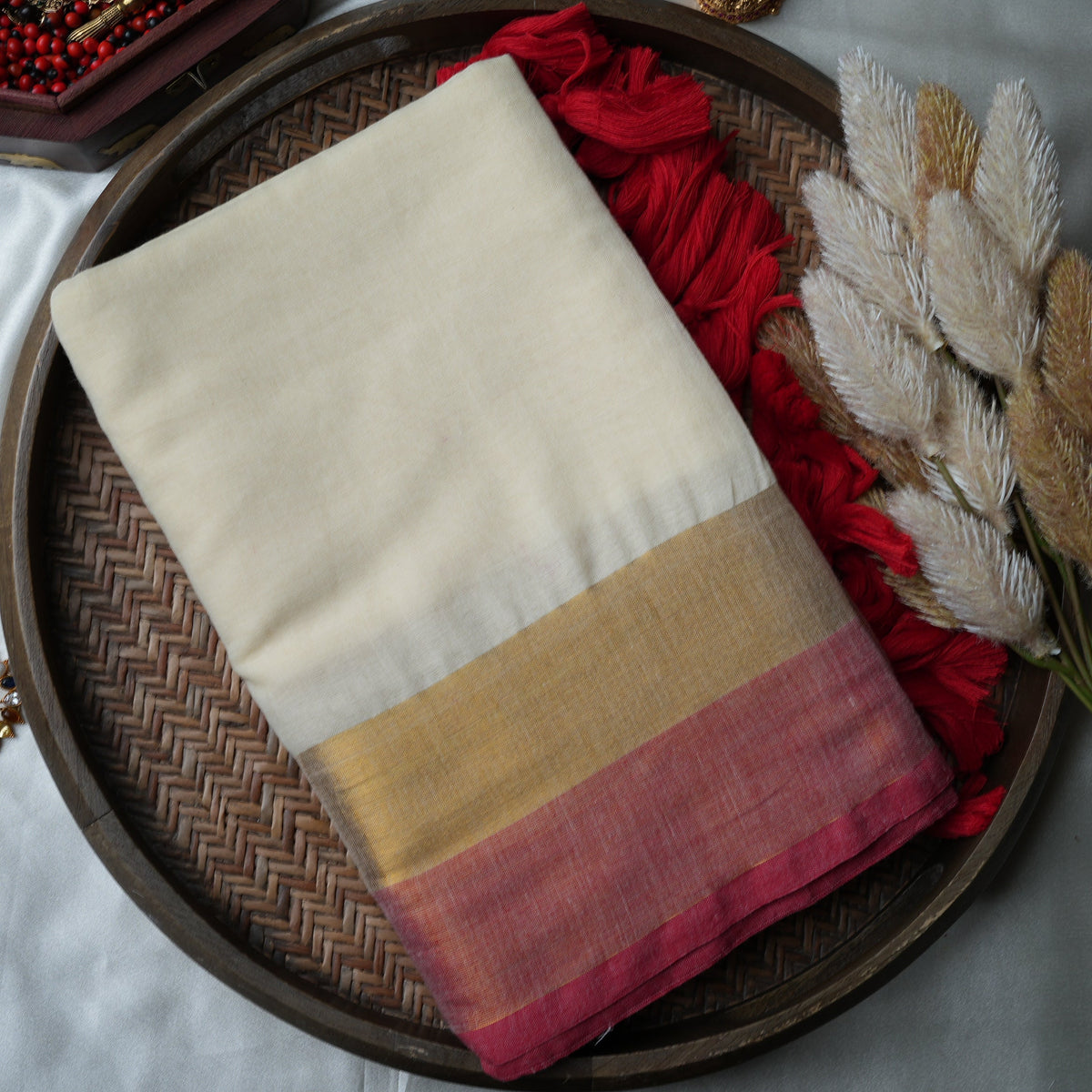 🤍 Pristine Ivory Pure Mul Cotton Saree with Crimson Red & Gold Zari Border ✨❤️ - SAROYA