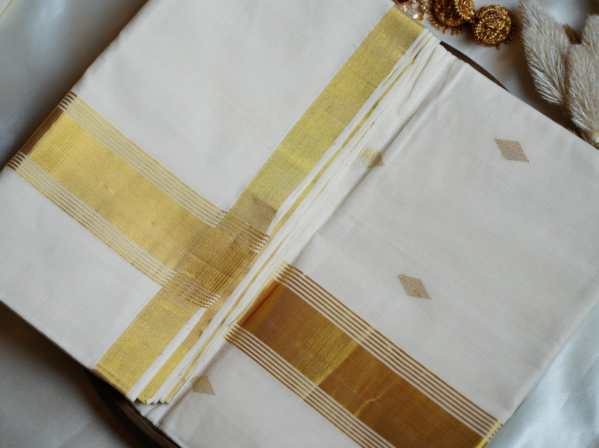 Pure Cotton Balaramapuram Unakapavu Handloom Classic Gold Kasavu Kerala Saree with Diamond Buttas - SAROYA