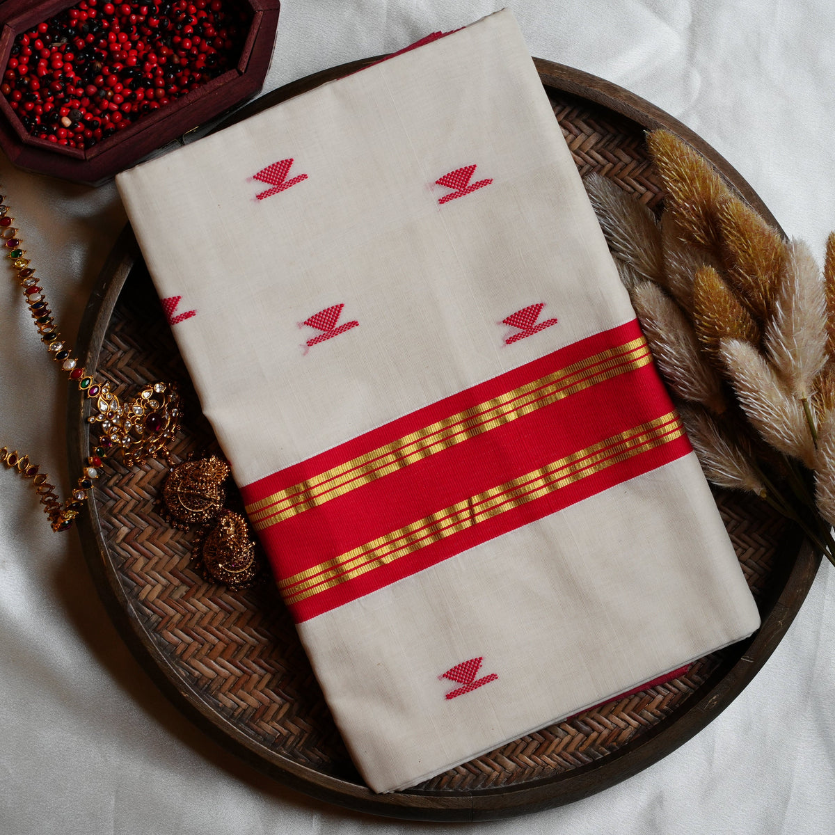 Pure Cotton Balaramapuram Unakapavu Handloom Kerala Kasavu Saree with Crimson Red border and Red buttas - SAROYA