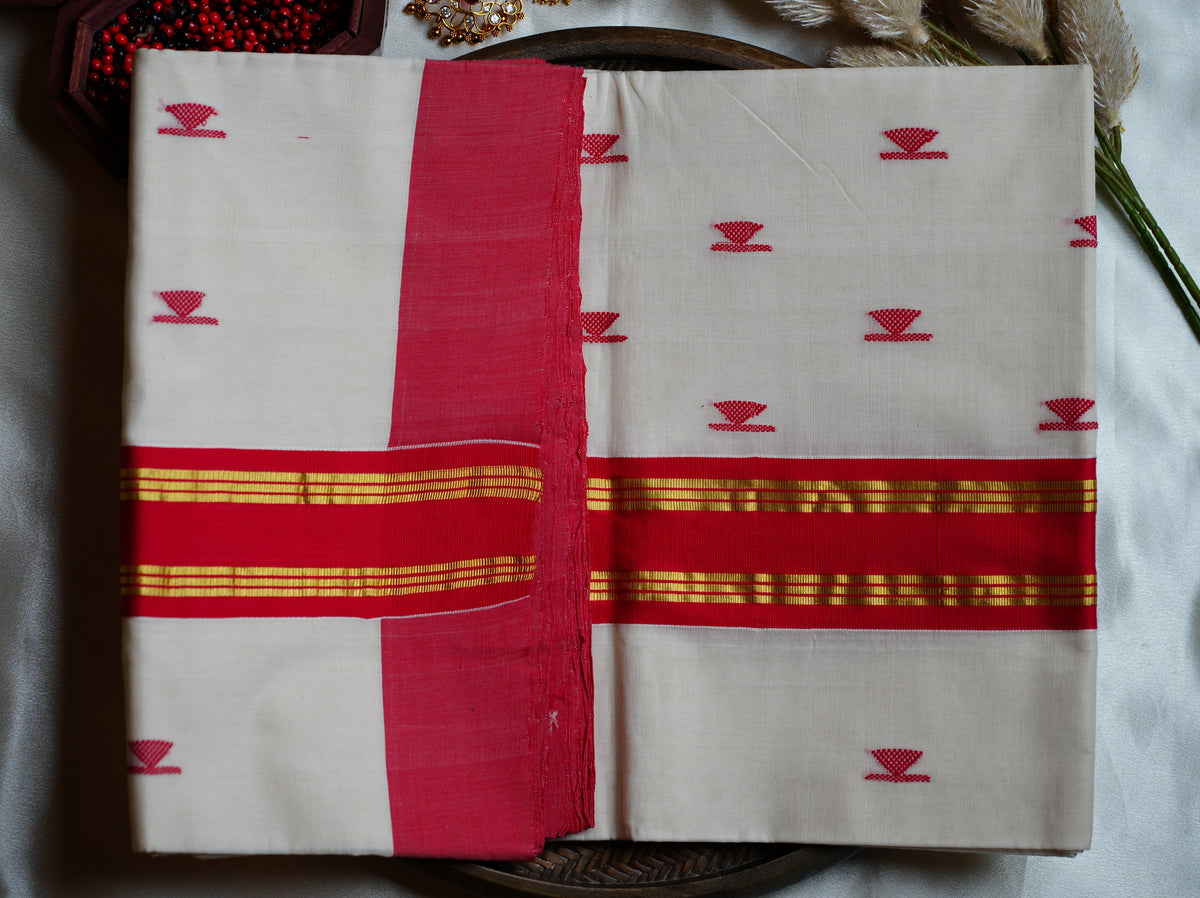 Pure Cotton Balaramapuram Unakapavu Handloom Kerala Kasavu Saree with Crimson Red border and Red buttas - SAROYA