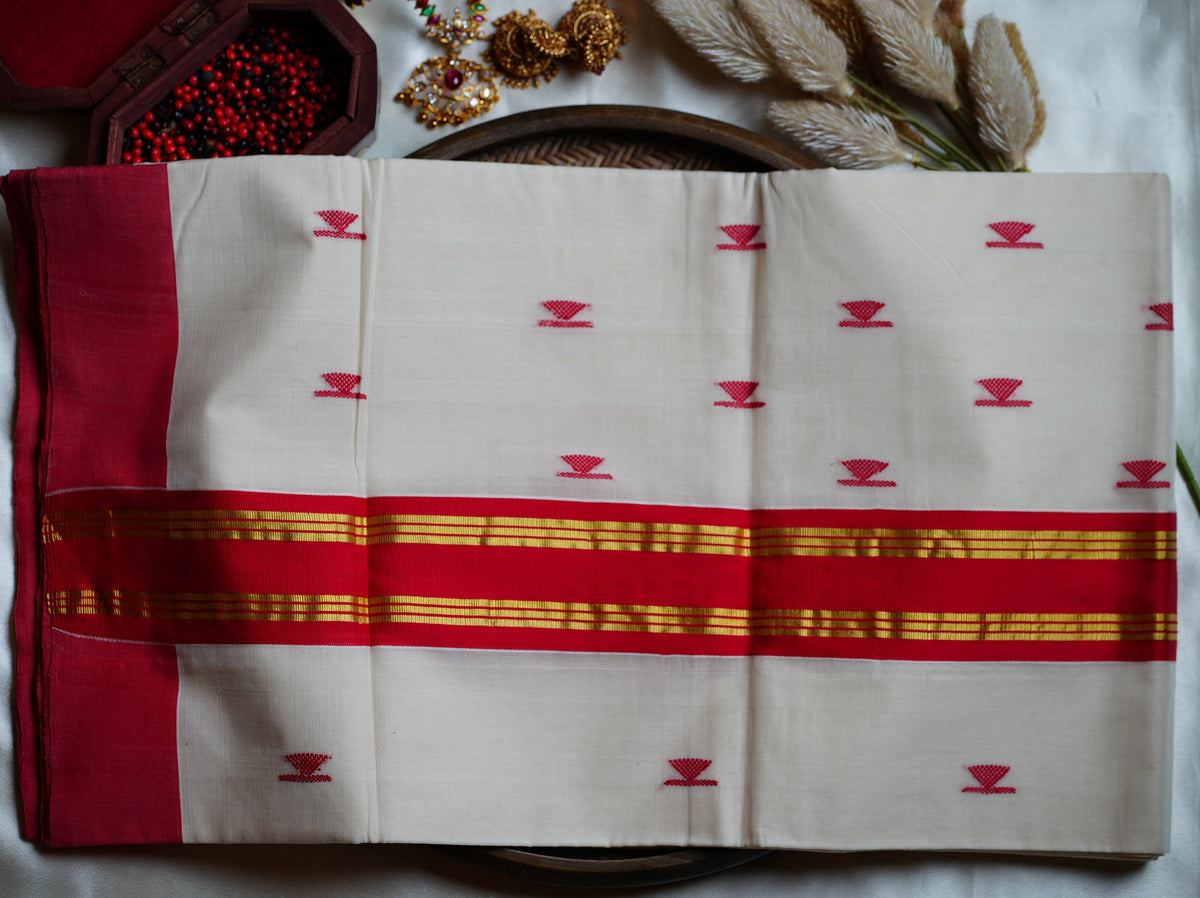 Pure Cotton Balaramapuram Unakapavu Handloom Kerala Kasavu Saree with Crimson Red border and Red buttas - SAROYA