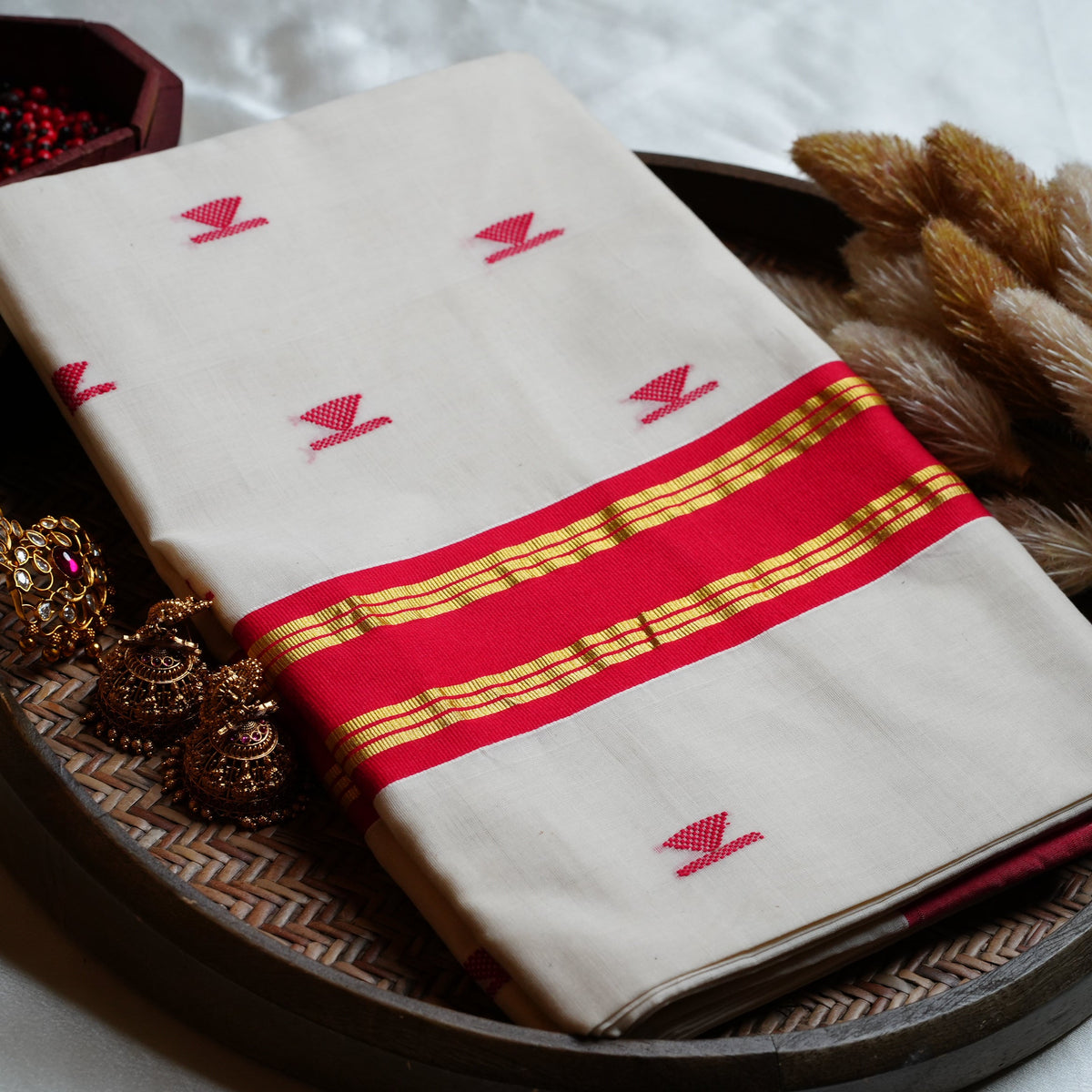Pure Cotton Balaramapuram Unakapavu Handloom Kerala Kasavu Saree with Crimson Red border and Red buttas - SAROYA