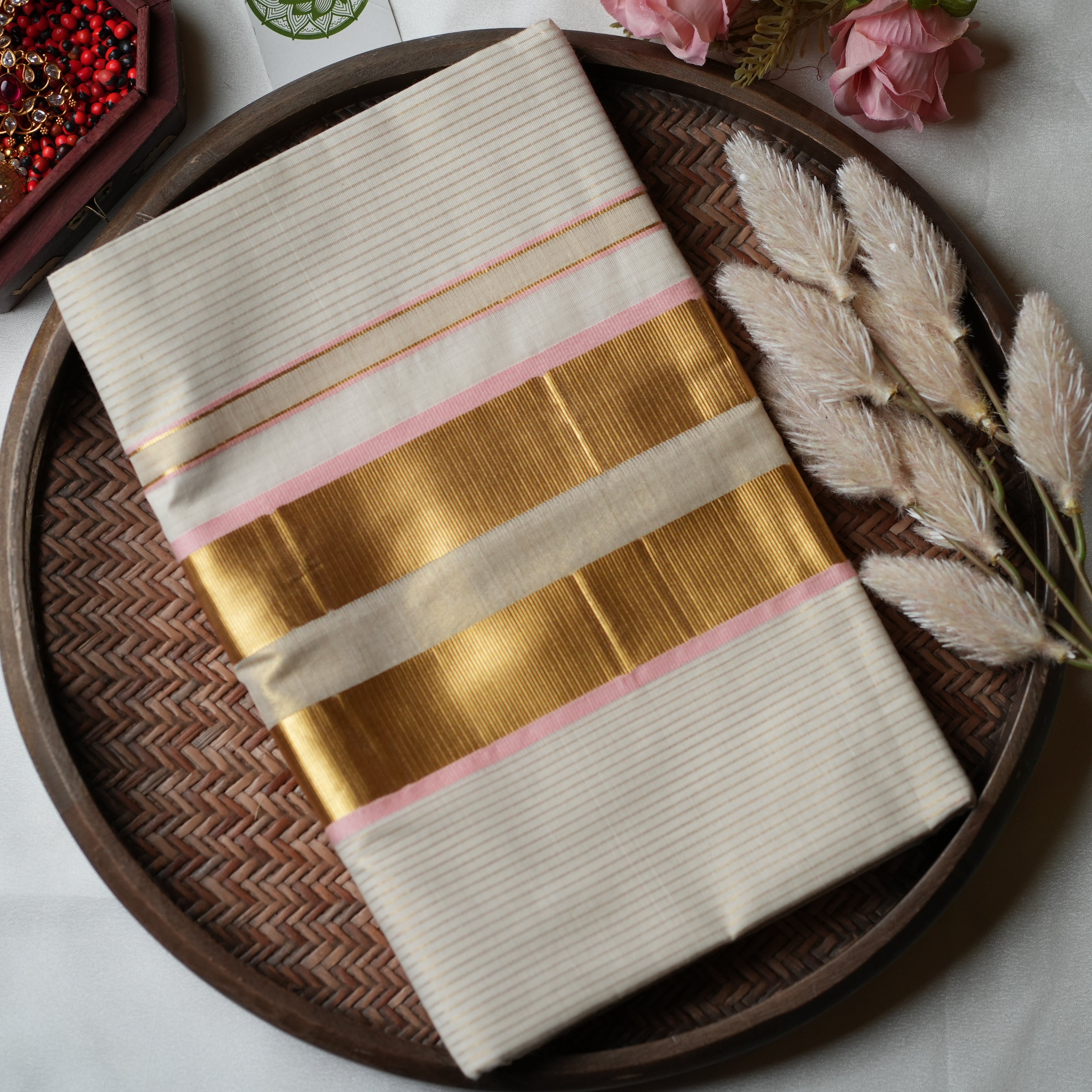 Pure Cotton Kerala Set Saree — Blush Pink Edition 🌸 - SAROYA