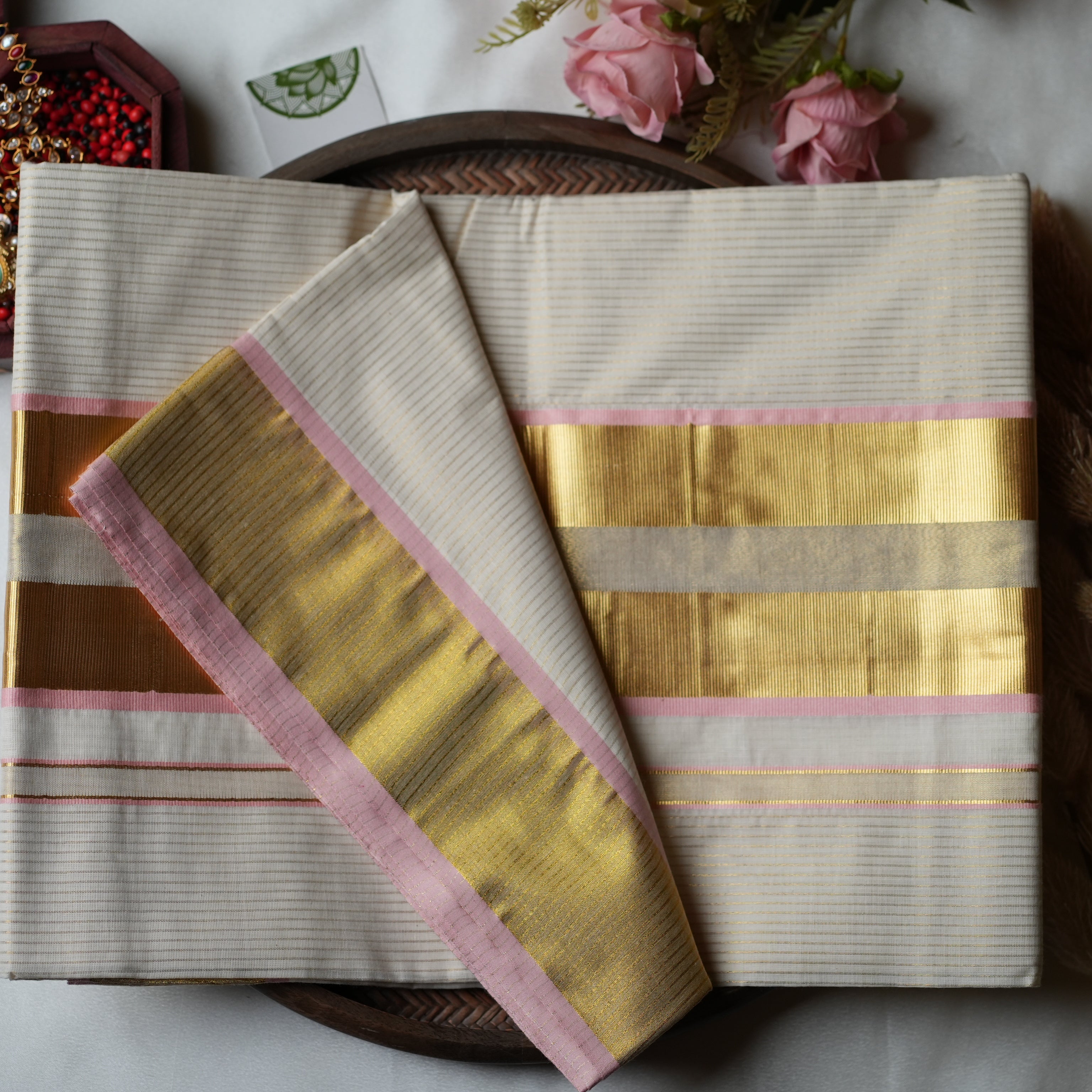 Pure Cotton Kerala Set Saree — Blush Pink Edition 🌸 - SAROYA