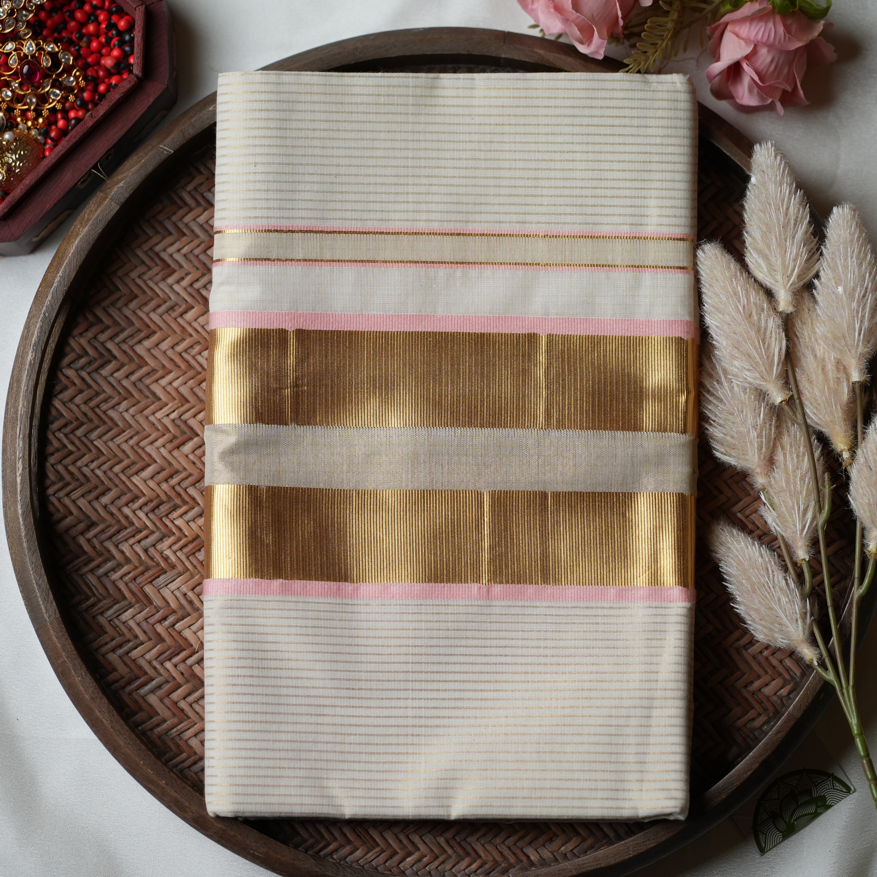 Pure Cotton Kerala Set Saree — Blush Pink Edition 🌸 - SAROYA