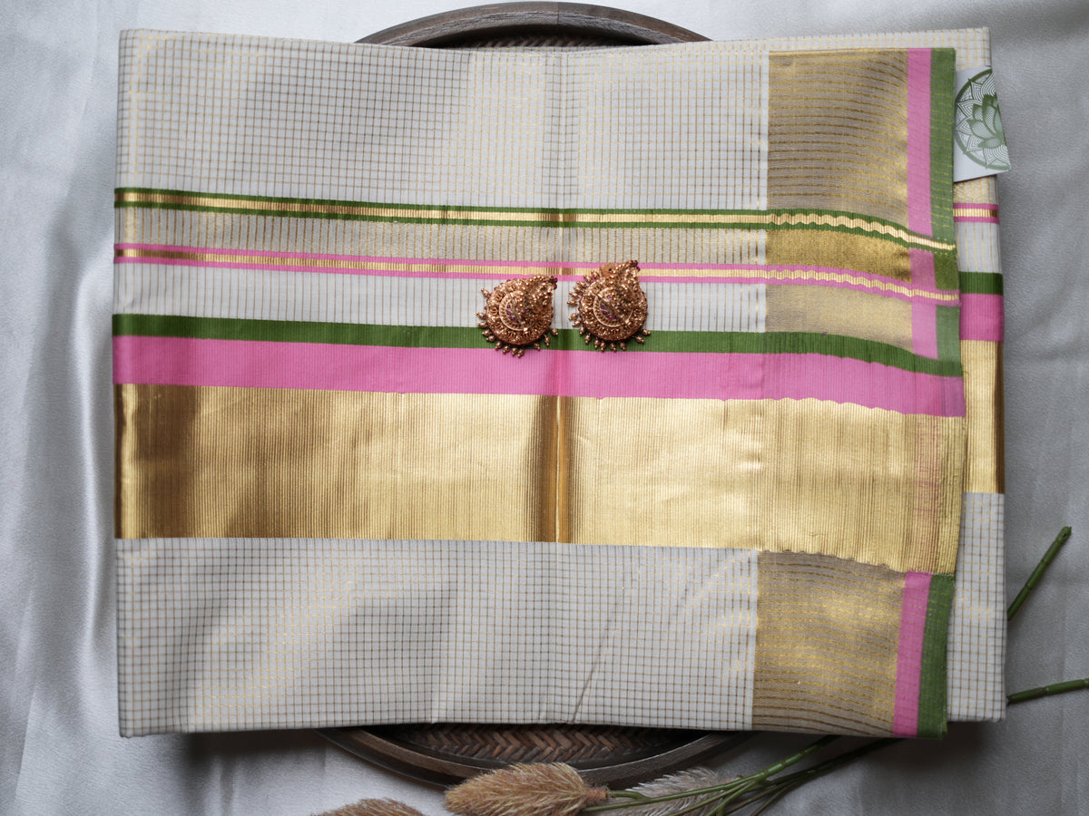 Pure Cotton Kerala Set Saree — Bubblegum Pink & Olive Green Border Edition 🌸 - SAROYA