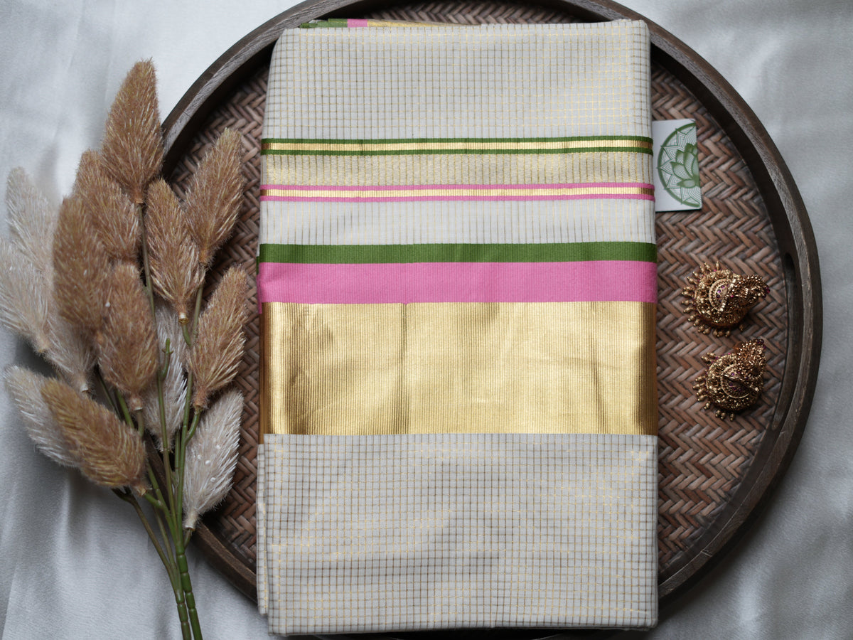 Pure Cotton Kerala Set Saree — Bubblegum Pink & Olive Green Border Edition 🌸 - SAROYA