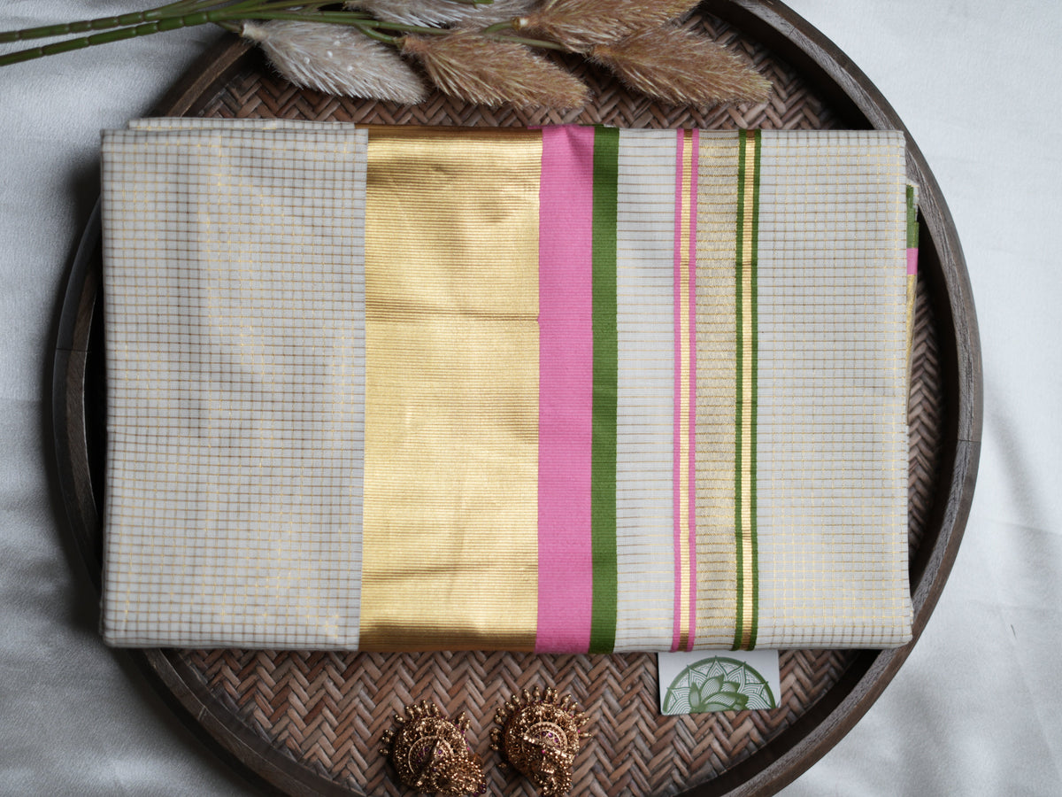 Pure Cotton Kerala Set Saree — Bubblegum Pink & Olive Green Border Edition 🌸 - SAROYA