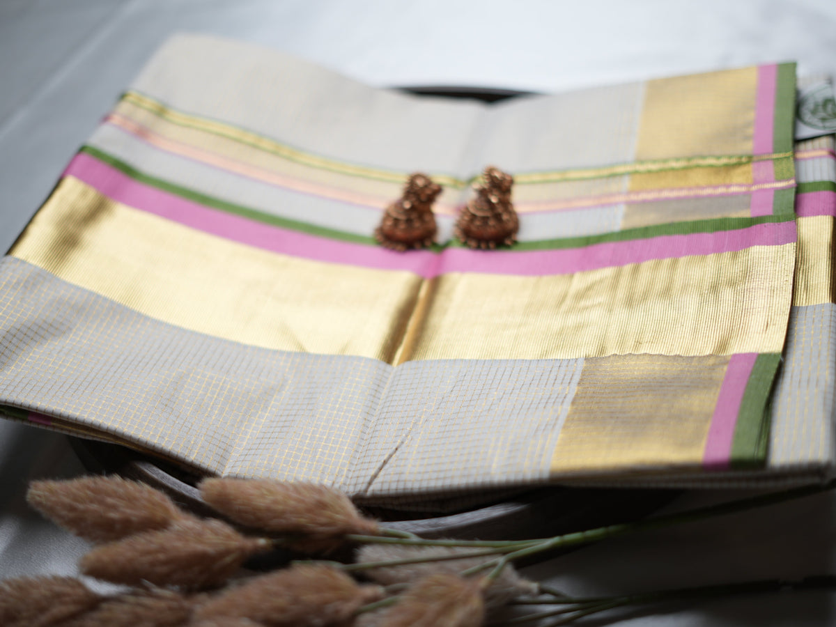 Pure Cotton Kerala Set Saree — Bubblegum Pink & Olive Green Border Edition 🌸 - SAROYA