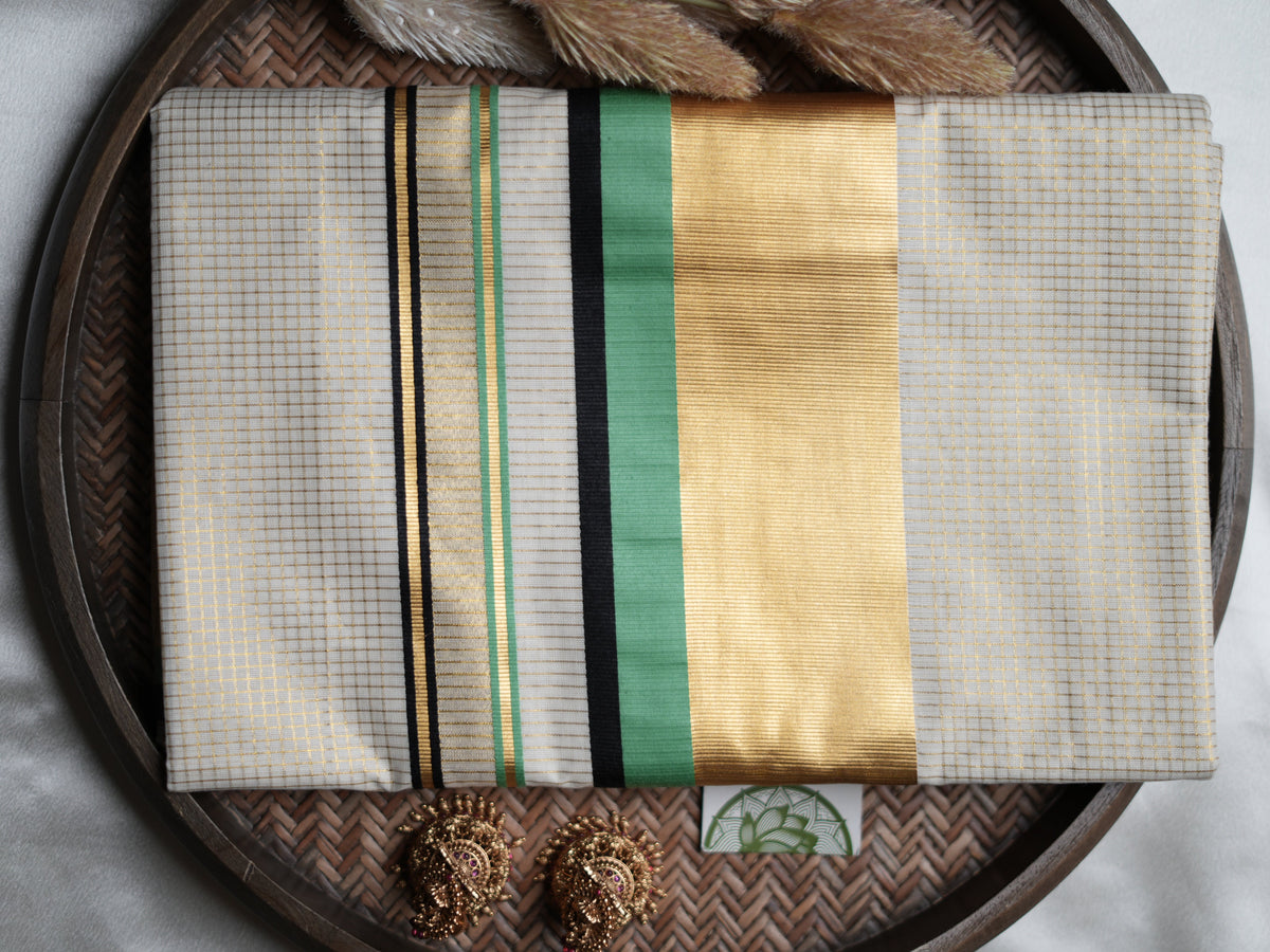 Pure Cotton Kerala Set Saree — Mint Green & Black Border Edition 💚 - SAROYA