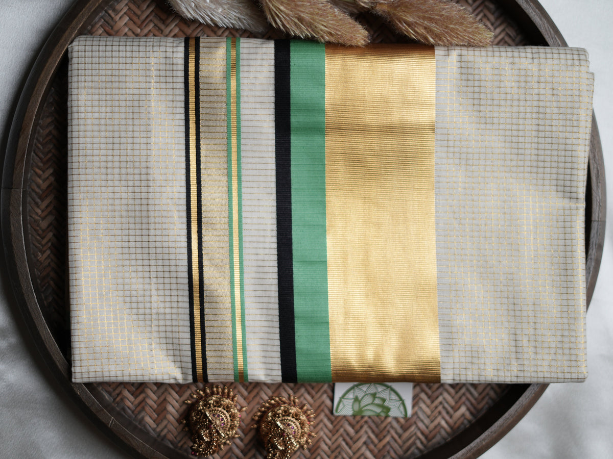 Pure Cotton Kerala Set Saree — Mint Green & Black Border Edition 💚 - SAROYA