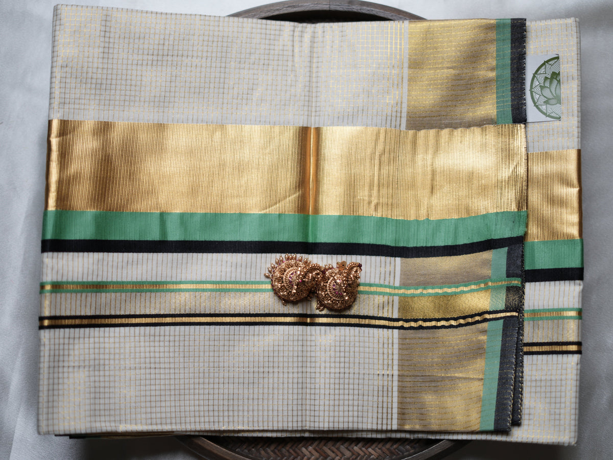 Pure Cotton Kerala Set Saree — Mint Green & Black Border Edition 💚 - SAROYA