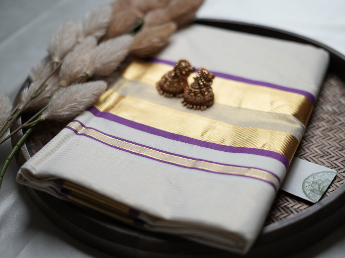 Pure Cotton Kerala Set Saree — Royal Purple Edition 💜 - SAROYA