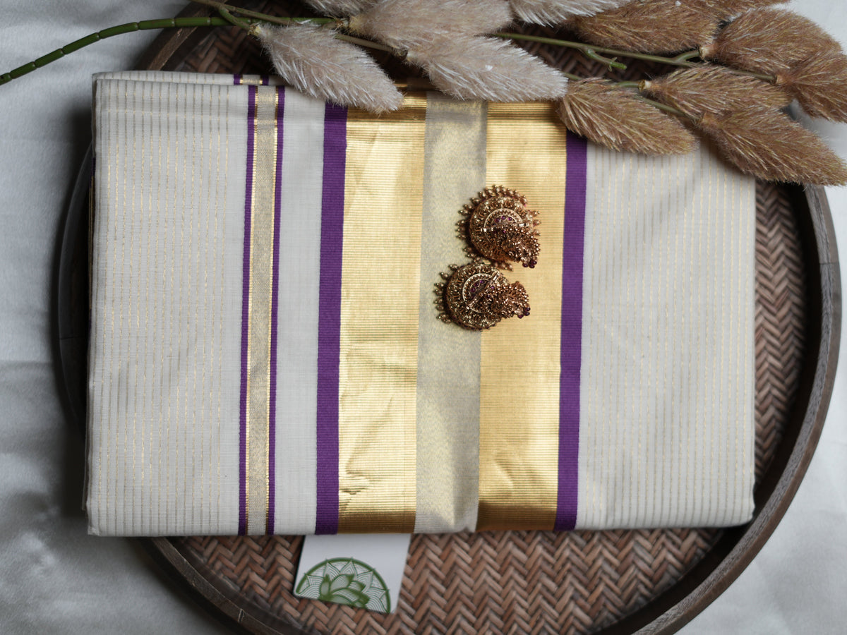 Pure Cotton Kerala Set Saree — Royal Purple Edition 💜 - SAROYA