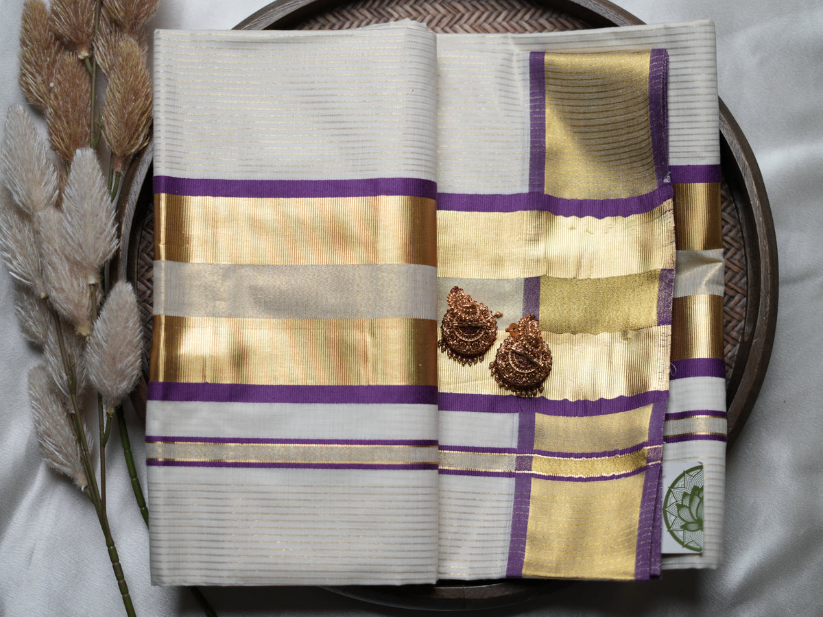 Pure Cotton Kerala Set Saree — Royal Purple Edition 💜 - SAROYA