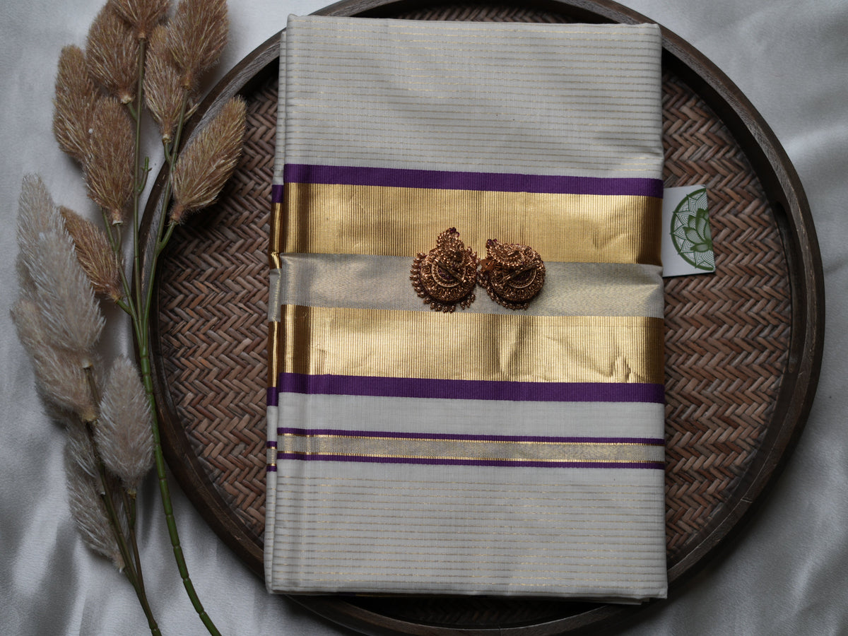 Pure Cotton Kerala Set Saree — Royal Purple Edition 💜 - SAROYA