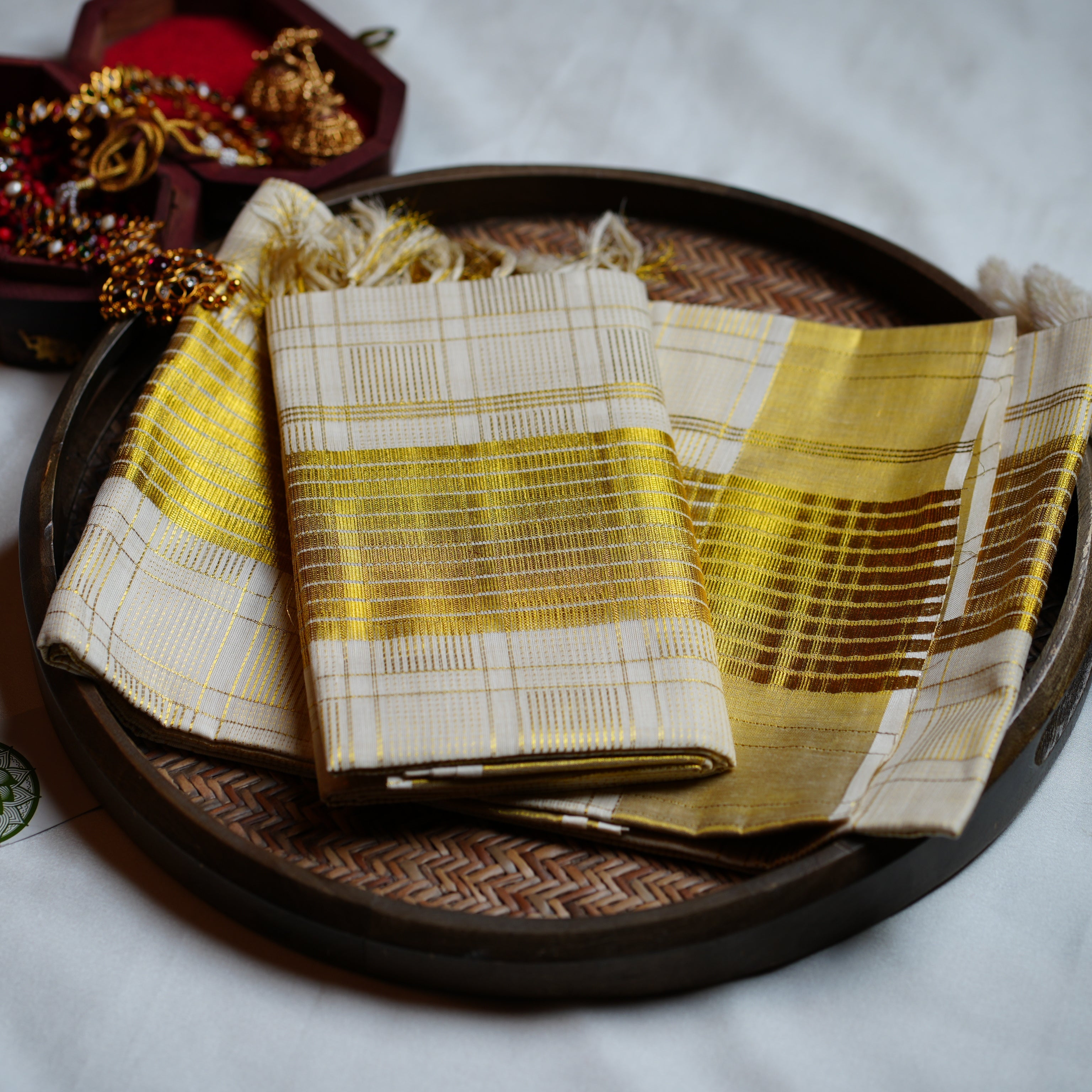 ✨ Pure Gold Lattice & Shimmering Grid: The Premium Tissue Kerala Set Mundu ✨ - SAROYA
