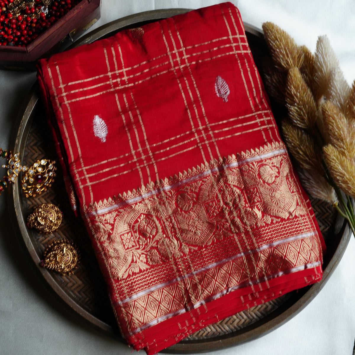 ❤️️ Radiant Crimson Red Viscose Crepe Saree with Rich Gold & Silver Zari Weave ✨💃 - SAROYA