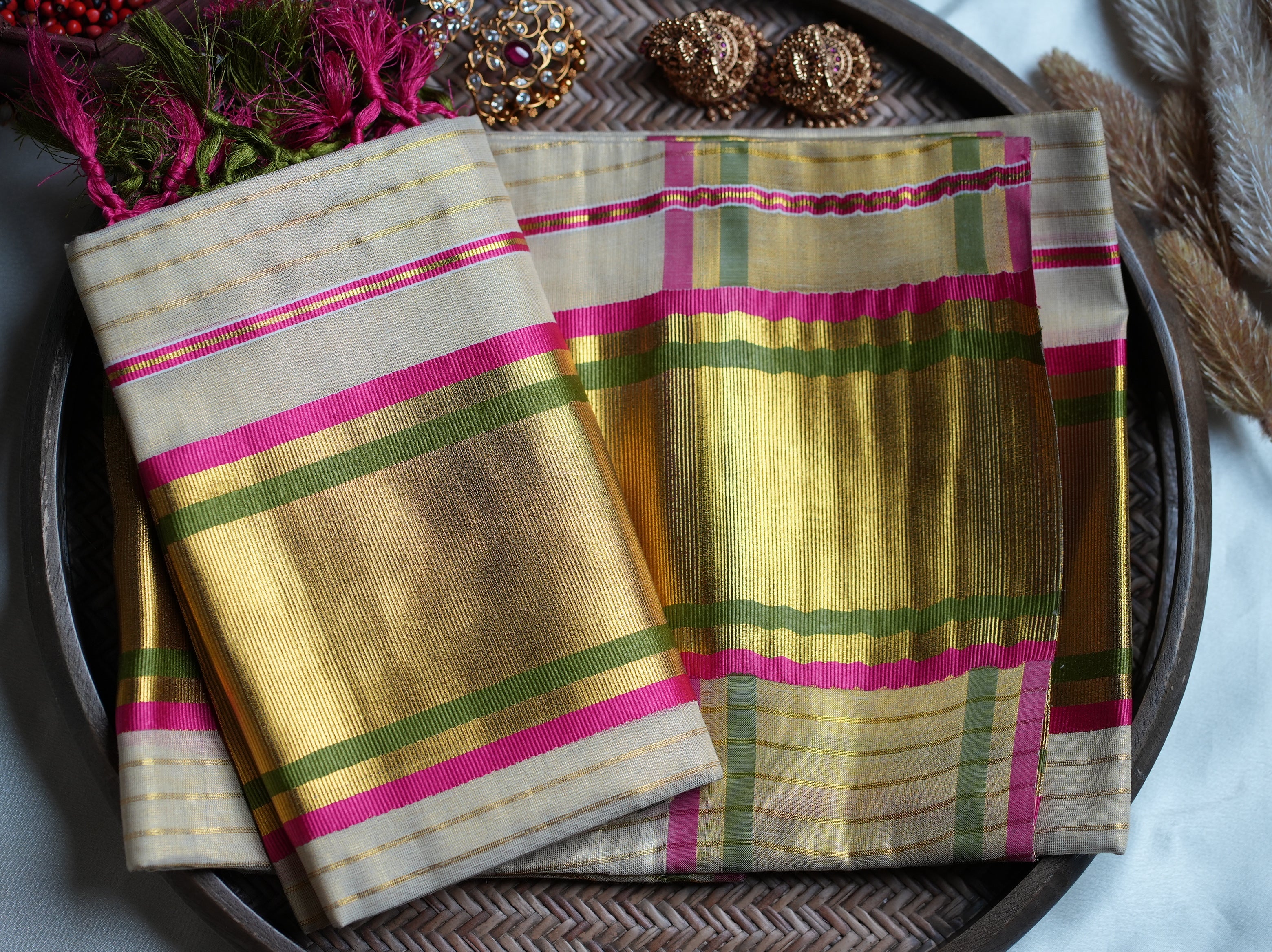 ✨ Radiant Golden Tissue Kerala Set Mundu with Rani Pink & Olive Green Border 🌸 - SAROYA