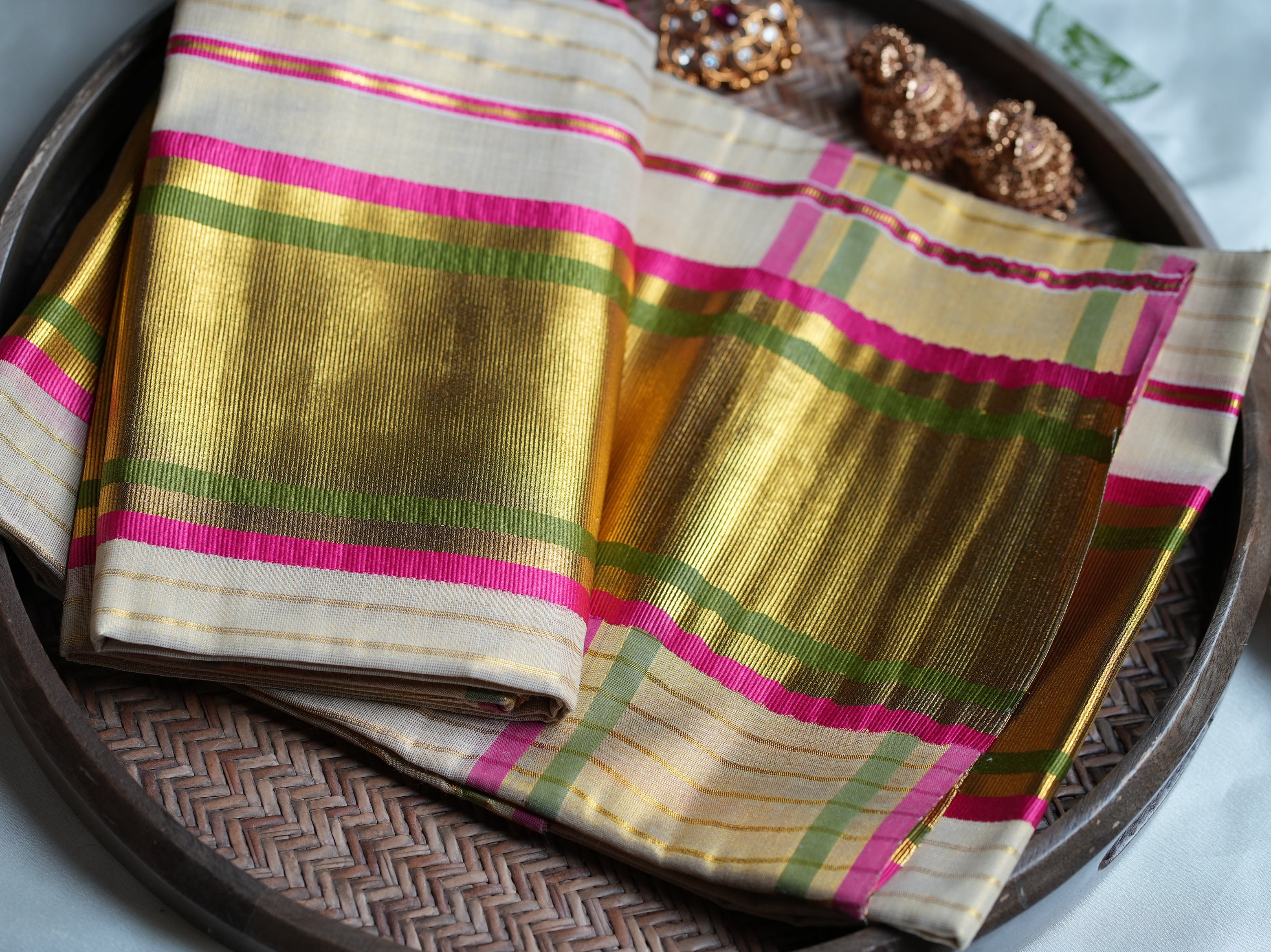 ✨ Radiant Golden Tissue Kerala Set Mundu with Rani Pink & Olive Green Border 🌸 - SAROYA