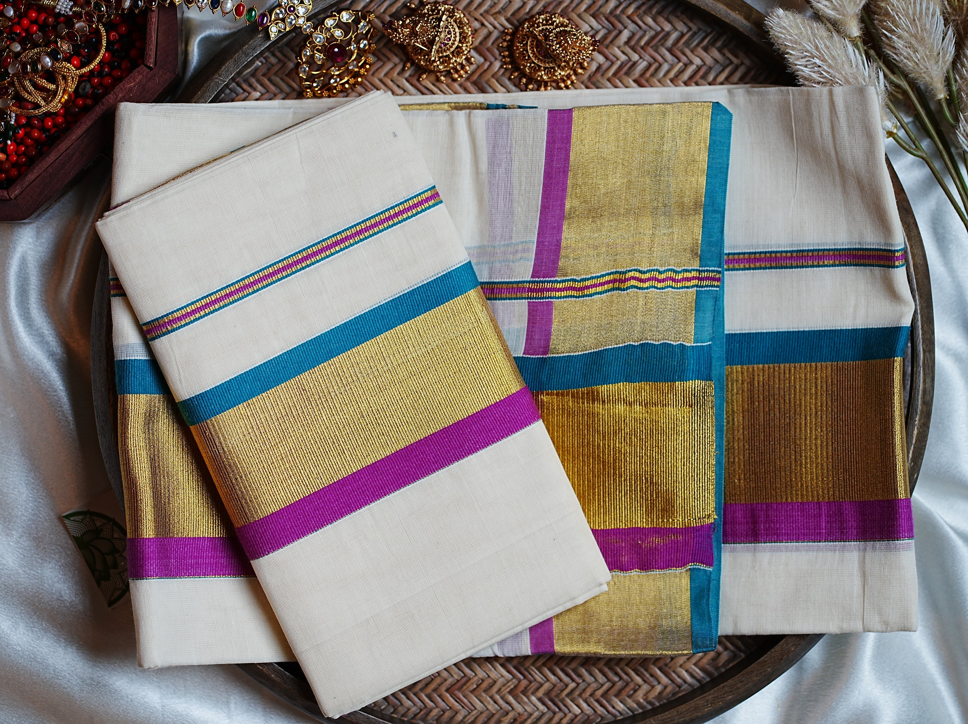 🌺 Radiant Magenta & Deep Teal Cotton Kerala Single Set Mundu ✨ - SAROYA
