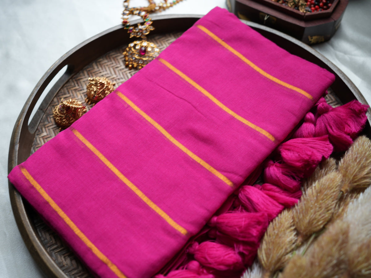 💖 Radiant Rani Pink Pure Mul Cotton Saree with Golden Zari Stripes & Bouncy Tassels ✨🥻 - SAROYA