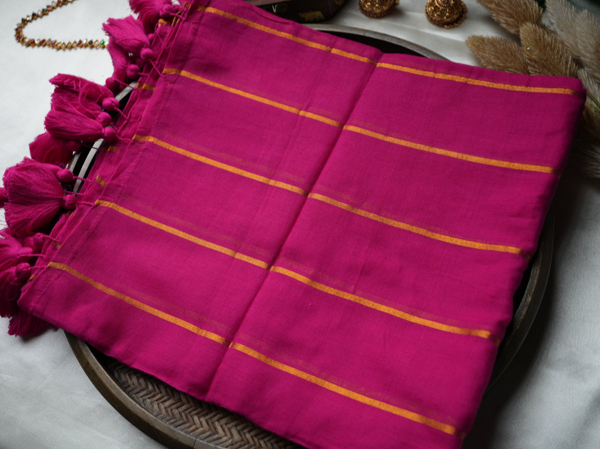💖 Radiant Rani Pink Pure Mul Cotton Saree with Golden Zari Stripes & Bouncy Tassels ✨🥻 - SAROYA