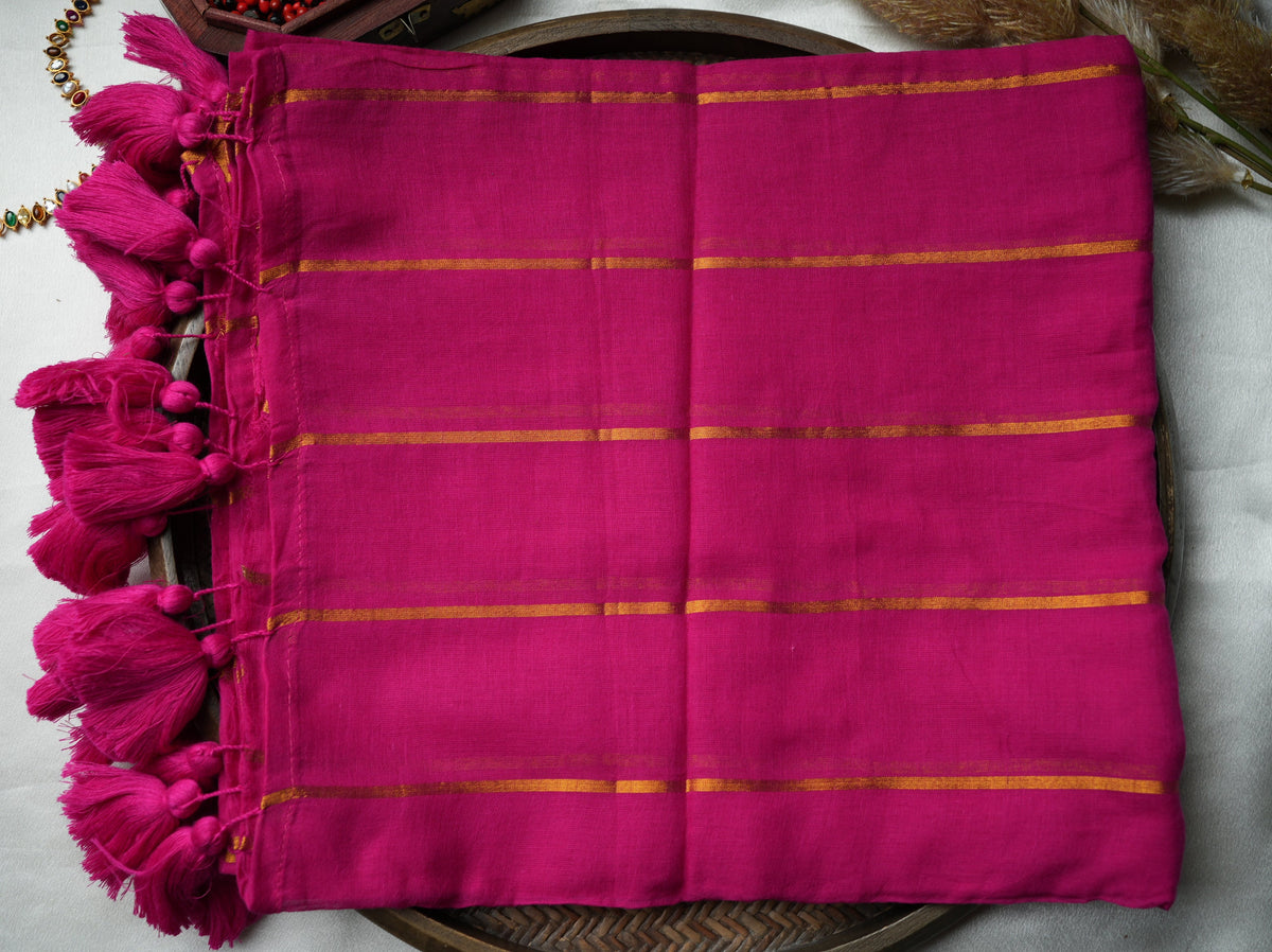 💖 Radiant Rani Pink Pure Mul Cotton Saree with Golden Zari Stripes & Bouncy Tassels ✨🥻 - SAROYA