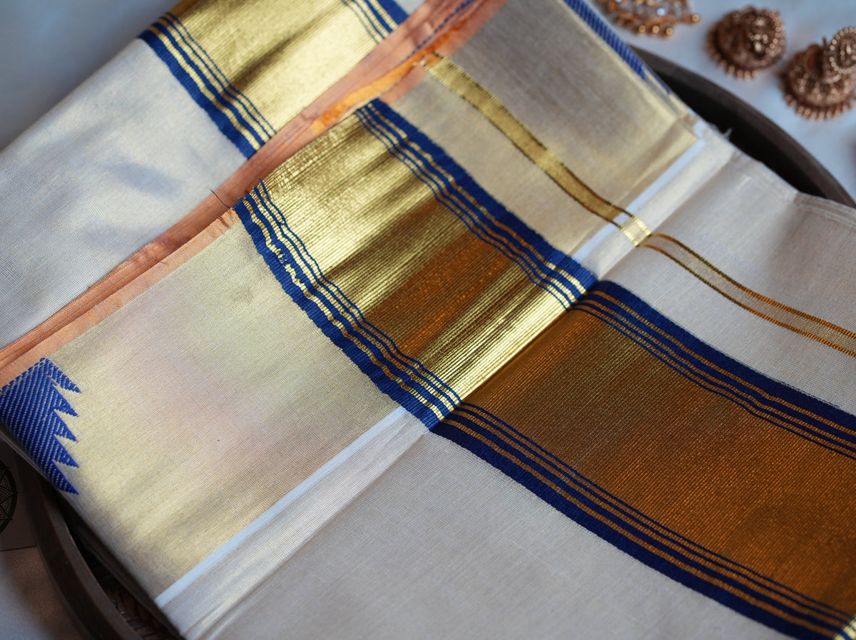 💙 Radiant Royal Blue & Gold Tissue Handloom Replica Kerala Saree 👑 - SAROYA