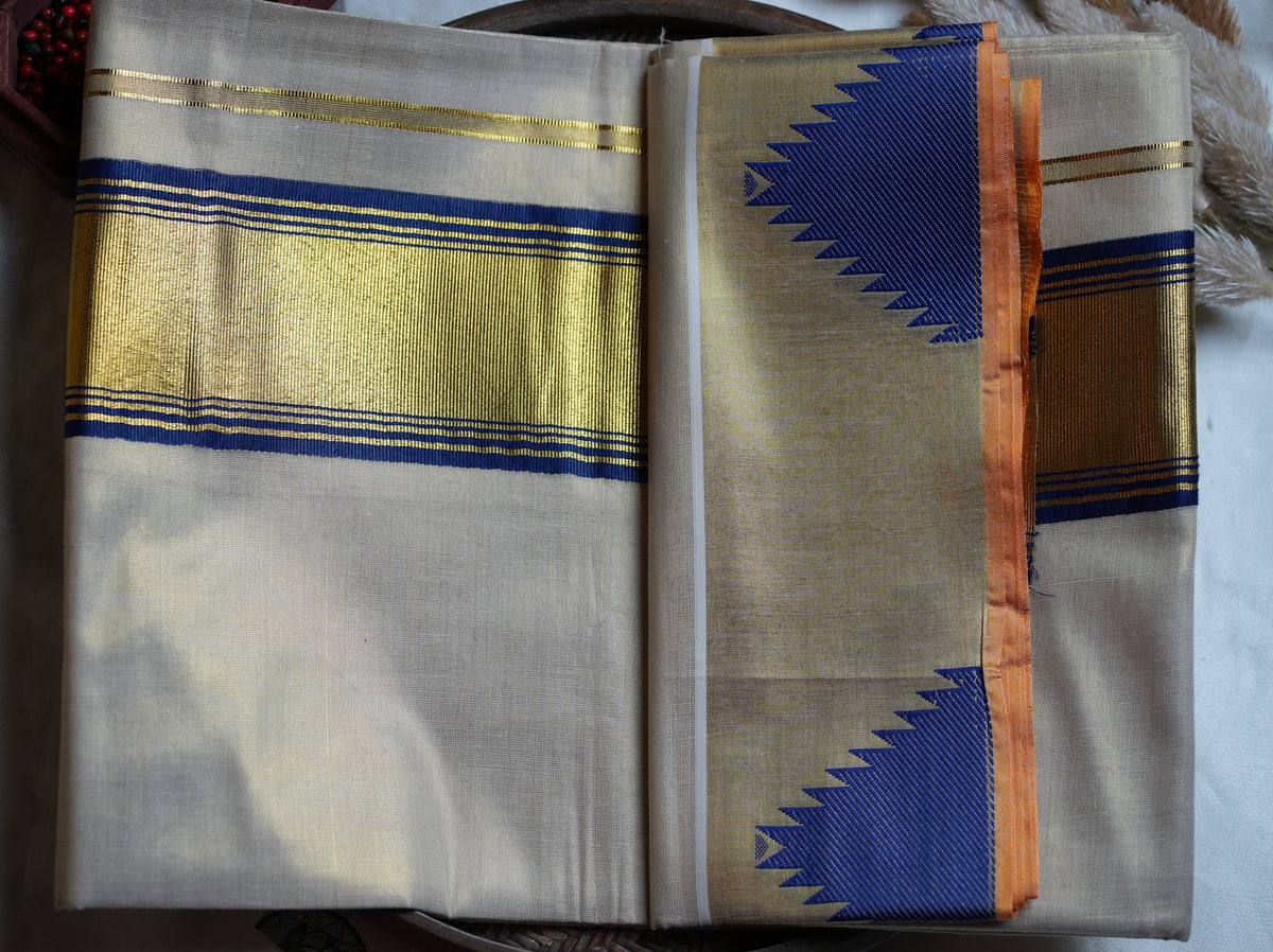 💙 Radiant Royal Blue & Gold Tissue Handloom Replica Kerala Saree 👑 - SAROYA