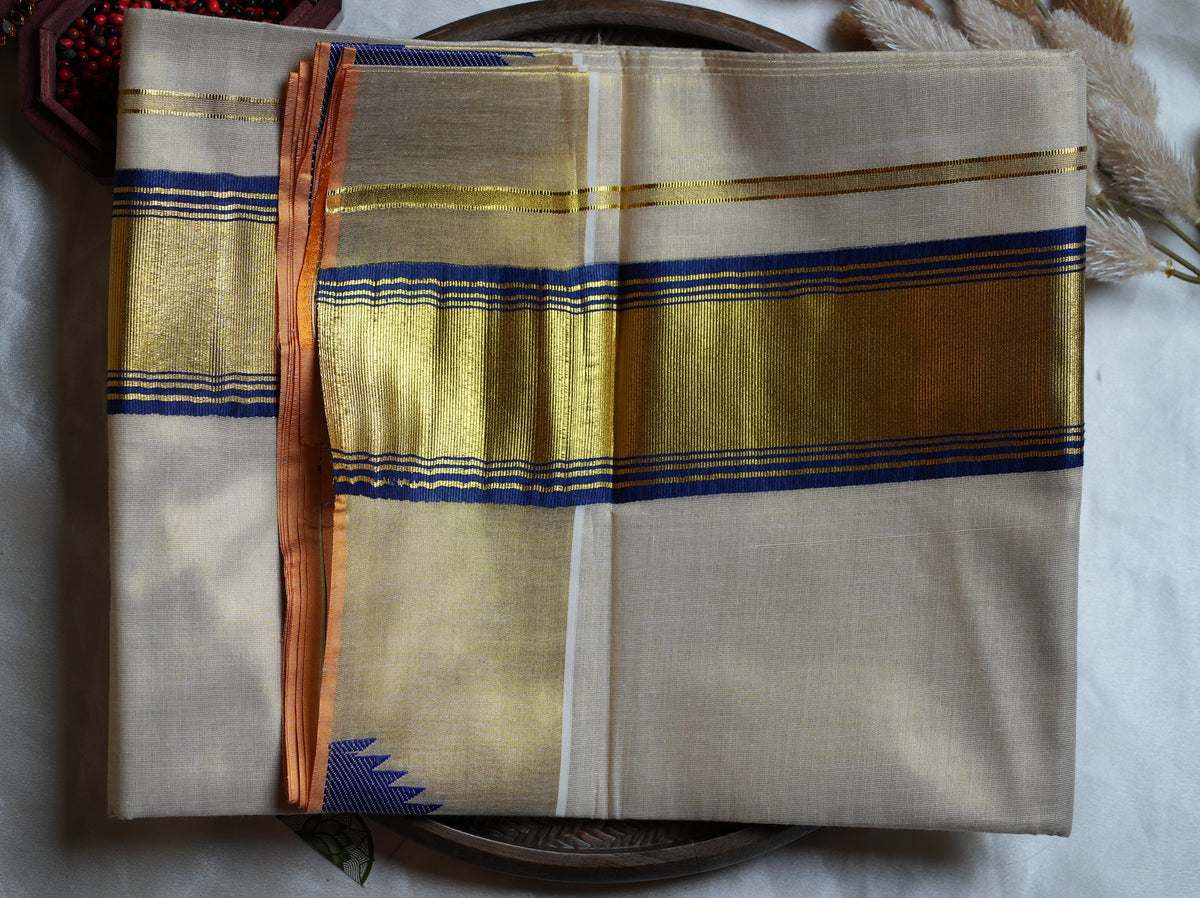 💙 Radiant Royal Blue & Gold Tissue Handloom Replica Kerala Saree 👑 - SAROYA