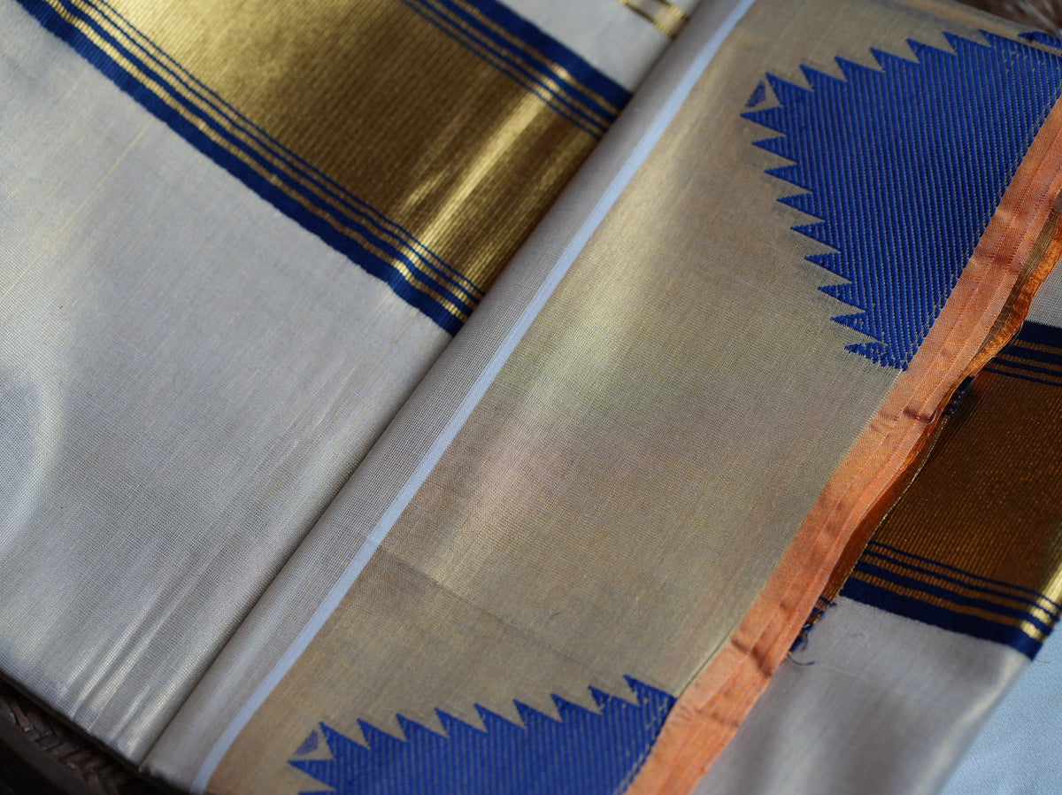 💙 Radiant Royal Blue & Gold Tissue Handloom Replica Kerala Saree 👑 - SAROYA