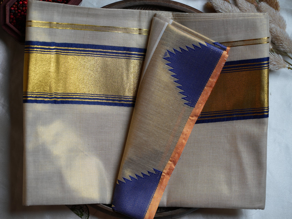 💙 Radiant Royal Blue & Gold Tissue Handloom Replica Kerala Saree 👑 - SAROYA