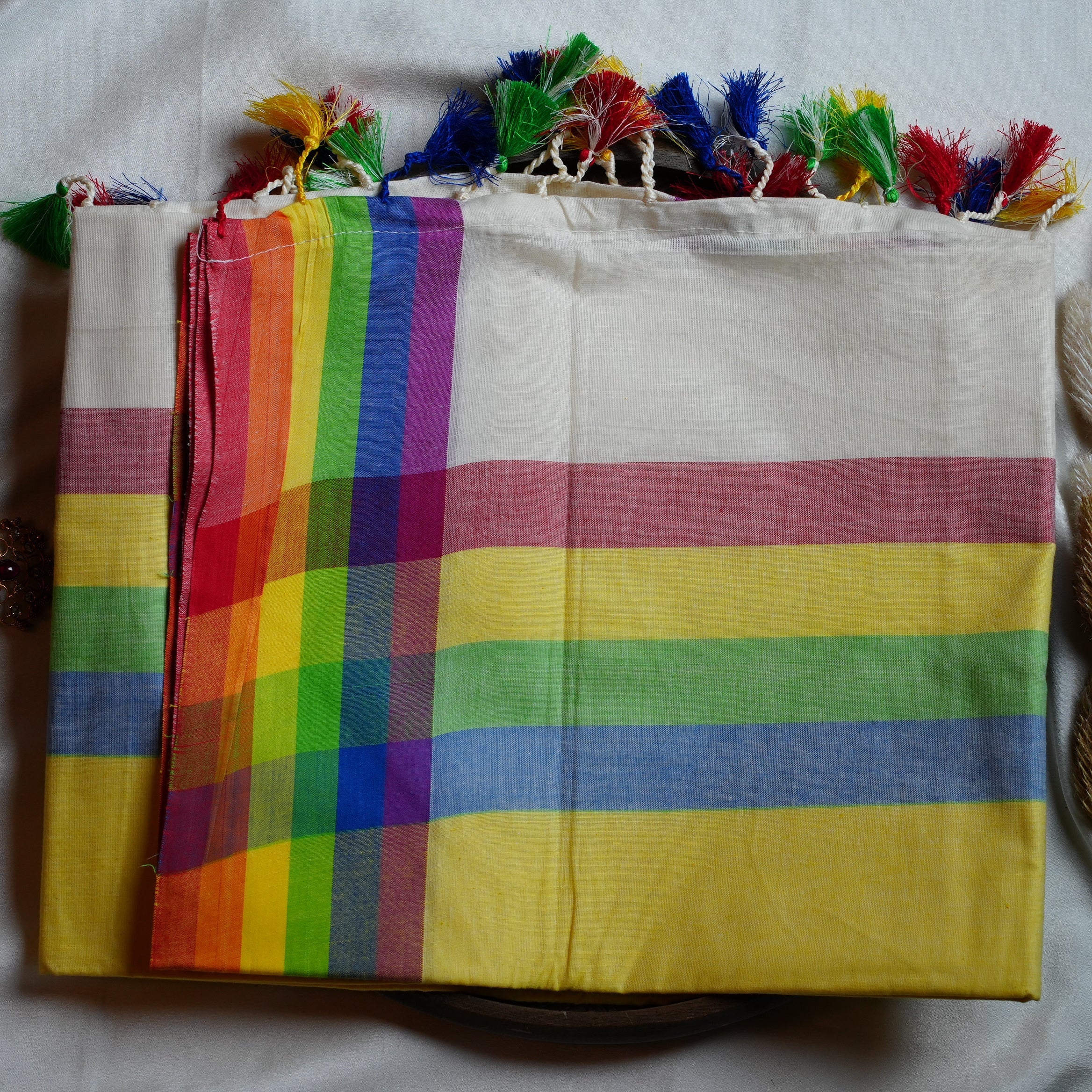 🌈 Rainbow Stripes & Playful Tassels: The Premium Mulcotton Kerala Saree 🌈 - SAROYA
