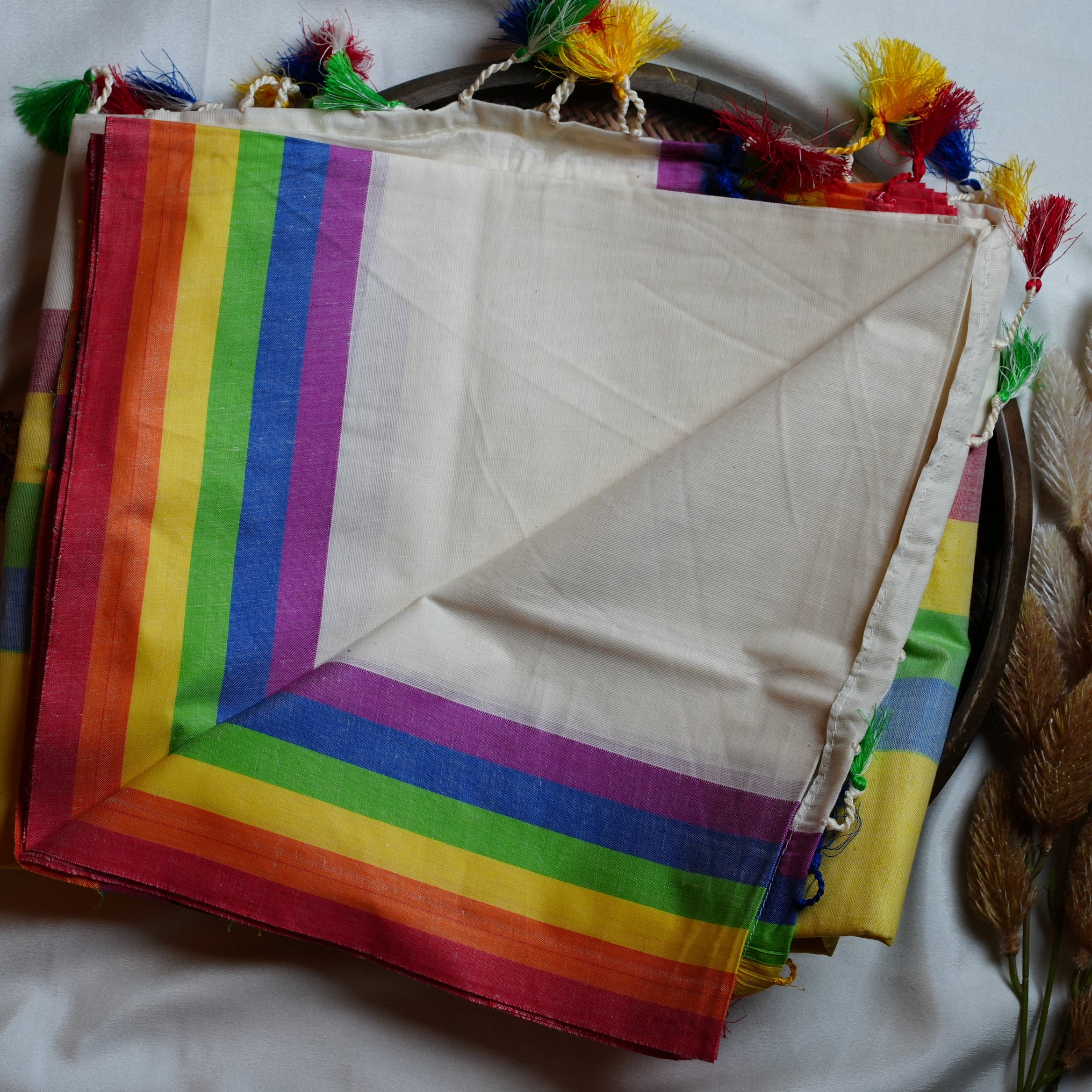 🌈 Rainbow Stripes & Playful Tassels: The Premium Mulcotton Kerala Saree 🌈 - SAROYA