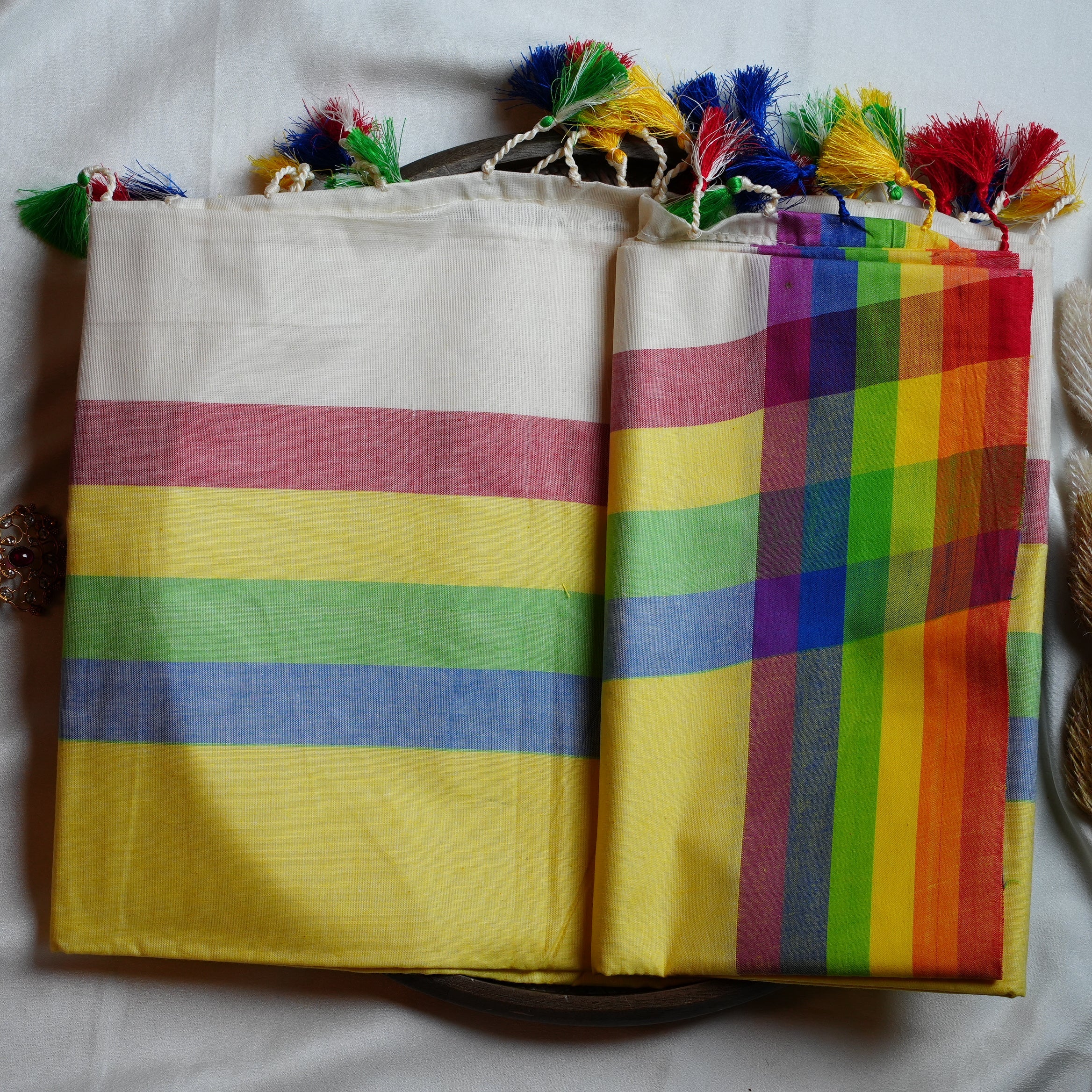🌈 Rainbow Stripes & Playful Tassels: The Premium Mulcotton Kerala Saree 🌈 - SAROYA