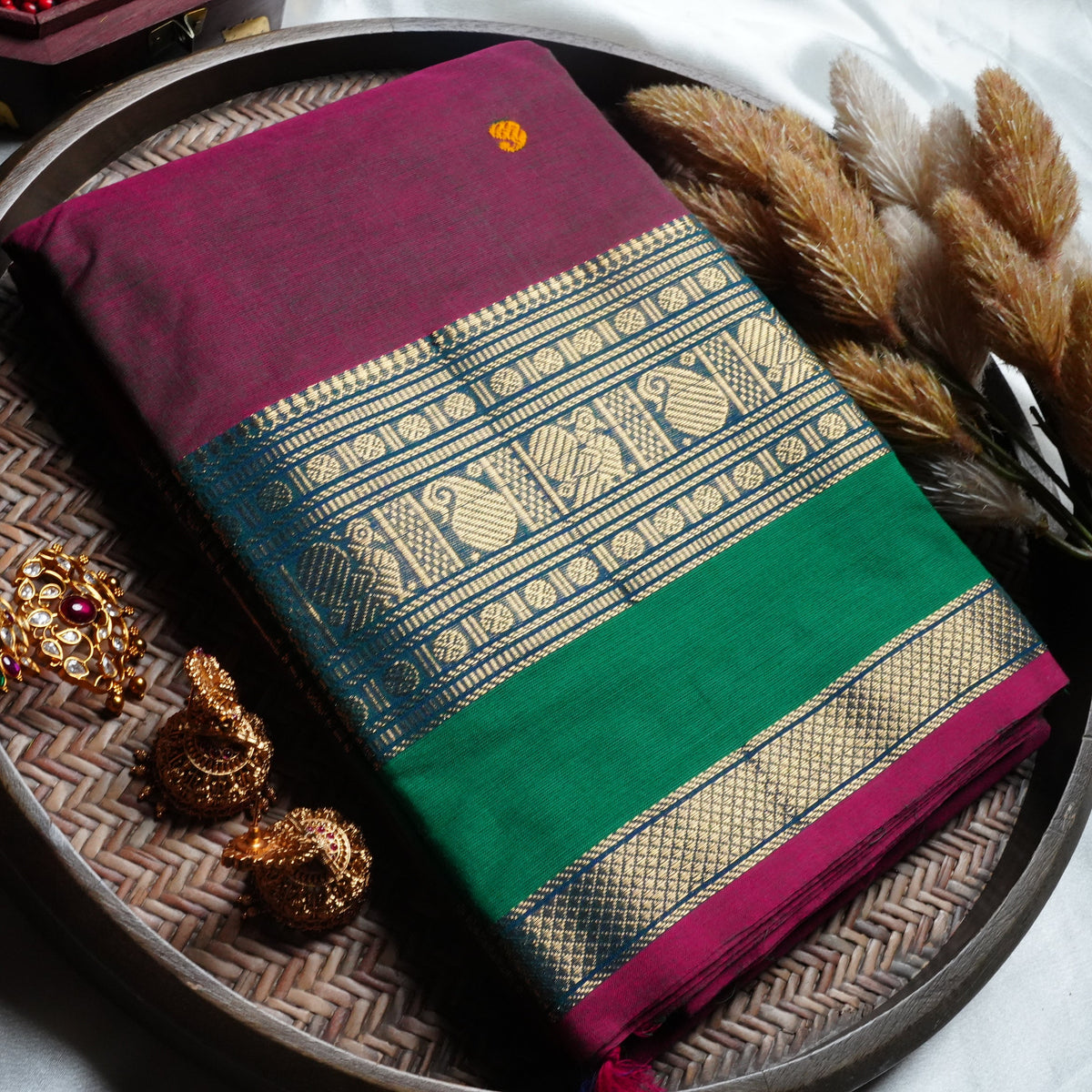 Regal Heritage: Deep Magenta Handloom Replica Kanchi Cotton Saree - SAROYA